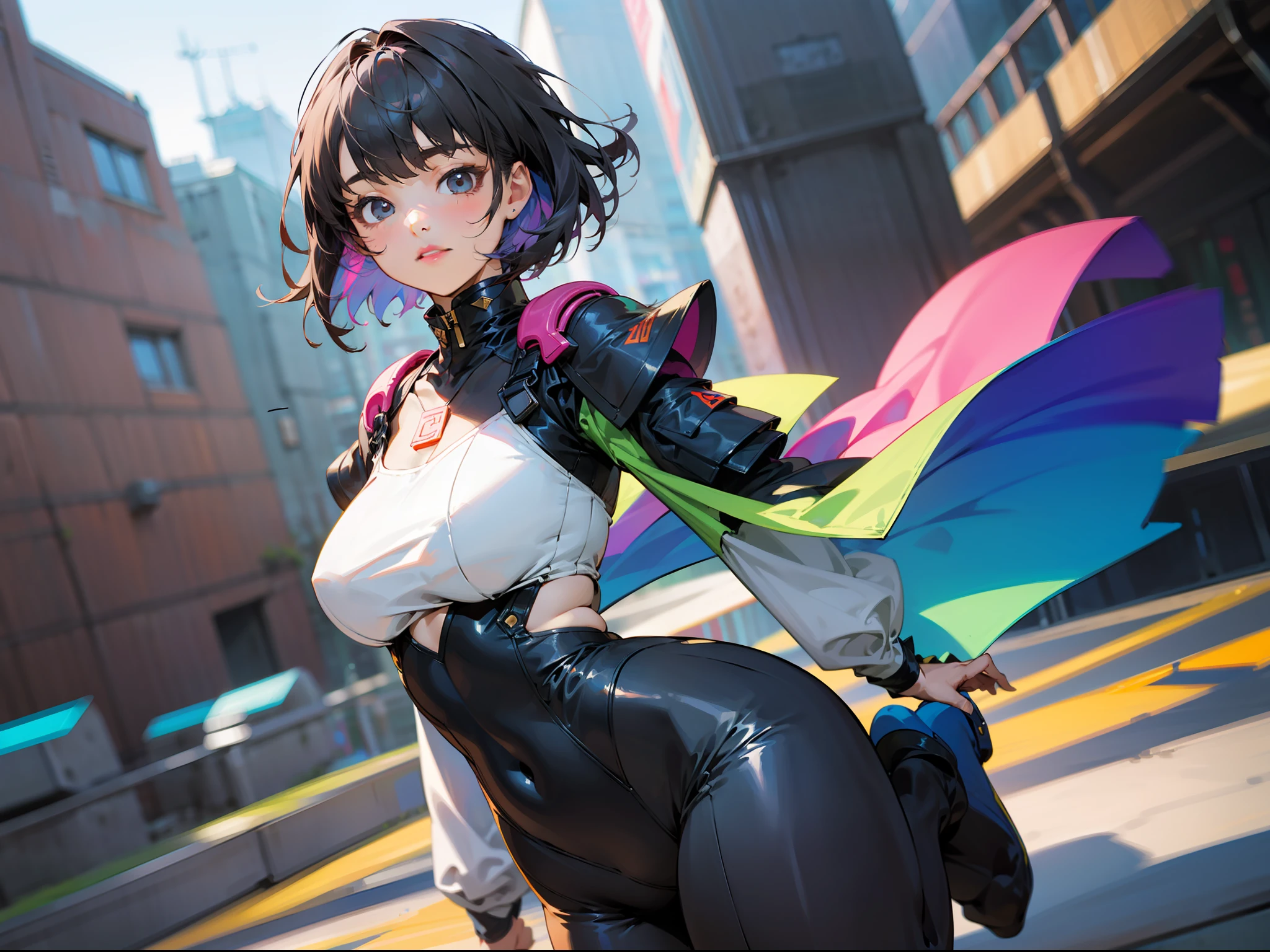 (巨作)、the detail、in 8K、((Full body photo from head to toe))、(((You're jumping big)))、Girl in tight clothes、short dark hair、Colorful inner hair、Realistic and sharp details、portrait shooting、Super Intricate Details、Ultra-fine details、Stay outside、
