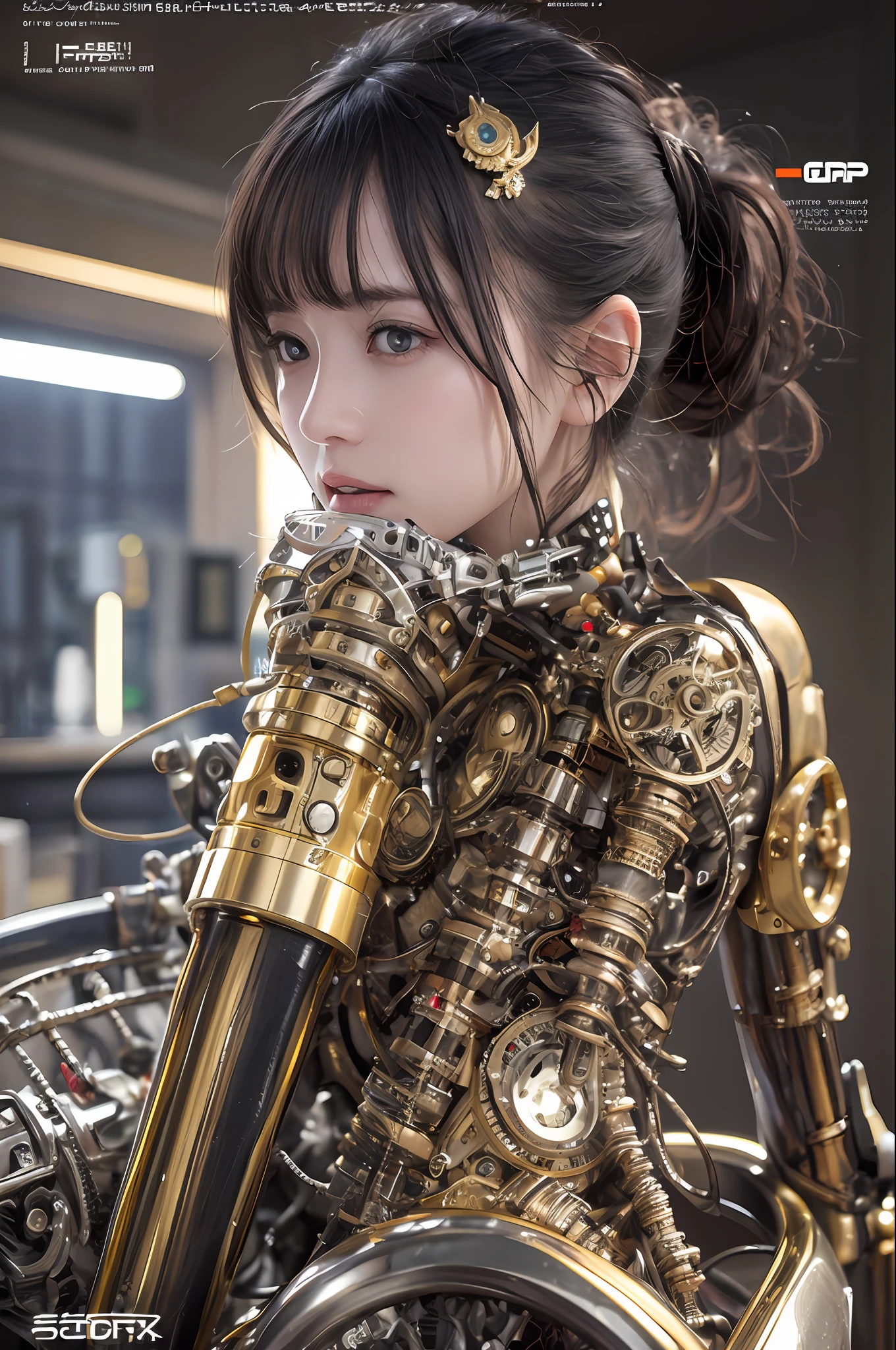 beste-Qualit、巨作、ultra-high-resolution、(photo- realistic:1.4)、Raw photo、女の子1人、Black hair、glowy skin、Cyberpunk Girl、((hyper realistic detail))、portlate、Global Illumination、Shadow、octan render、in 8K、ultrasharp、巨乳、Raw skin is exposed in cleavage、metals、Details of complex ornaments、Indian Hindu Detail、Luminous tube、Analog Meter、cog、gear、Golden hydraulic cylinder、extremely intricate detail、Realistic light、CGSoation Trends、purple-eyed、radiant eyes、Facing the camera、neon details、Mechanical limbs、blood vessels connected to tubes、Mechanical vertebrae attached to the back、mechanical cervical attaching to neck、sitting on、Wires and cables connecting to the head、Small LED lamp、