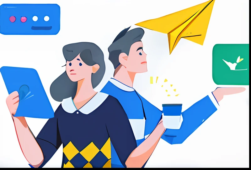 a couple of people holding up a cup of coffee and a paper airplane, avatar for website, Avatar image, Simple and clean illustration, Flat illustration, 2D illustration, 2 d illustration, 2D, 2 d, Simple illustration, gen z, no gradien, Detailed 2D illustration, corporate animation style, Profile image, telegram sticker design, illustration,,,orange colors