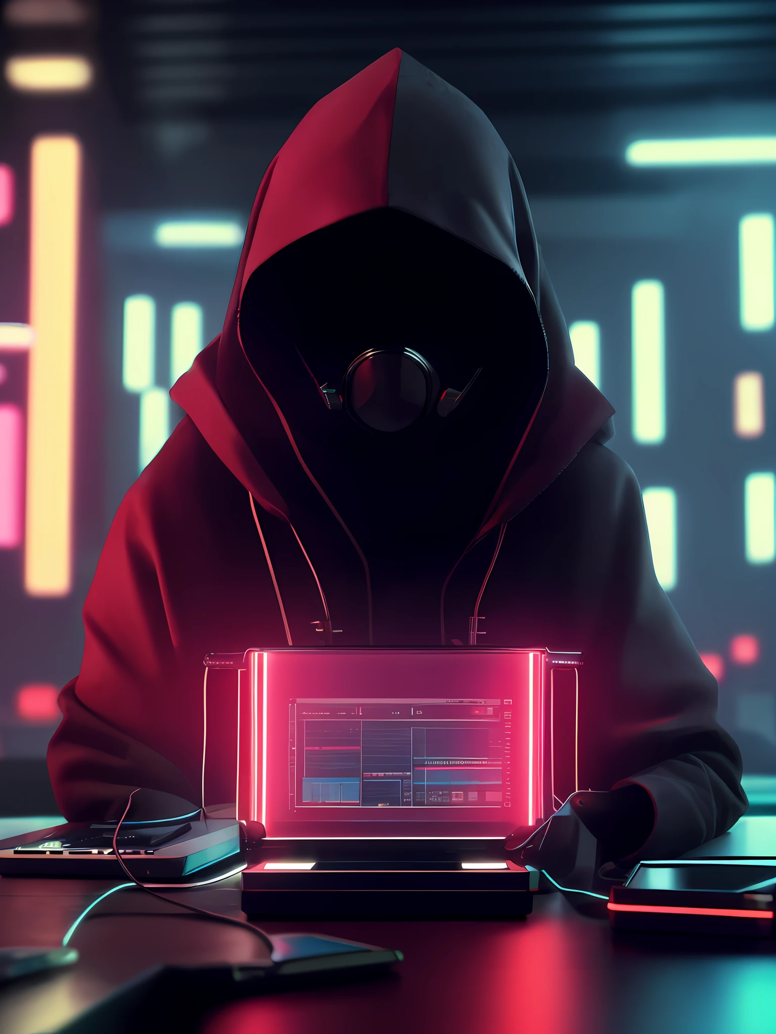 The masked man of Allafede in a hoodie sits at the table,holding laptop, cyberpunk hacker, cyber , Cyber style, hacking, 3 d render beeple, hacknaut cyberpunk, beaten tech. neo noirle, Cyber background, Cyberpunk))), black hoodie techie, cyberpunk dude, cyberpunk with neon lighting, cyber aesthetic, synthwave image, cyber punk style