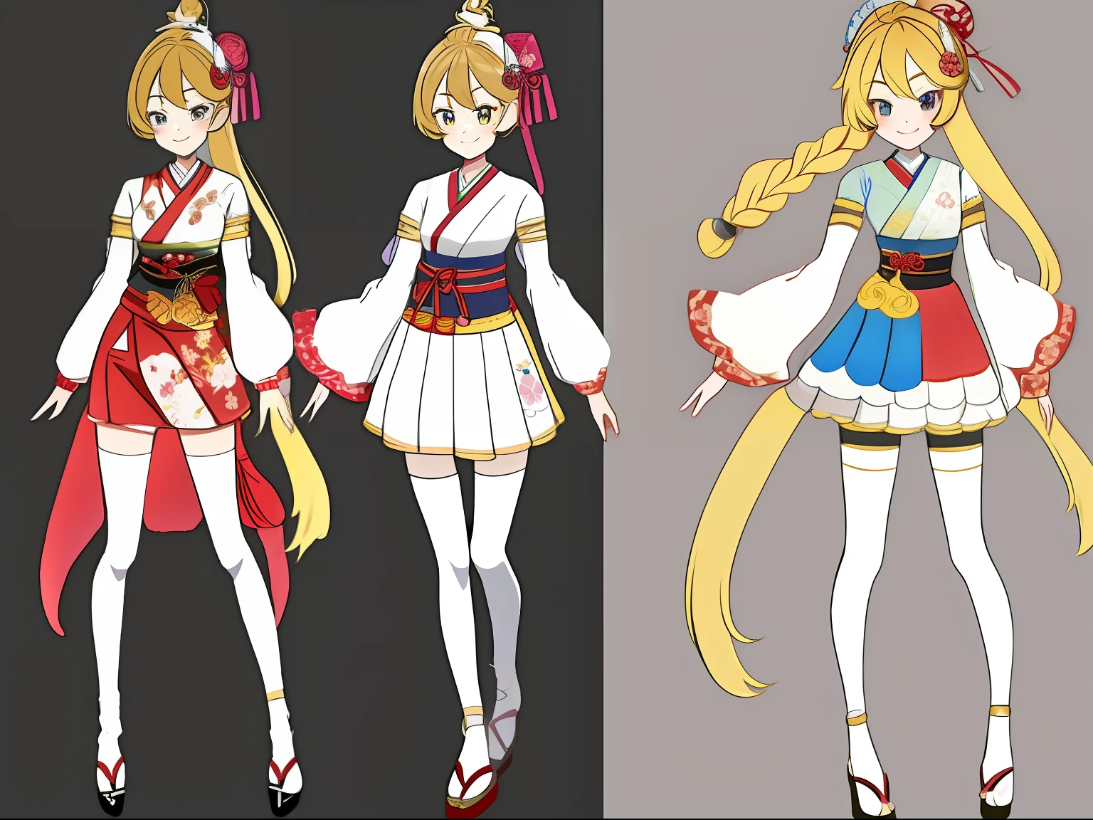 character turnaround sheet:2,three view drawing,Full body shot:2,A cute girl dressed in a japanese idol outfit,animeaesthetic, super ultra detail, Rococo, Ukiyo-e , classic , India