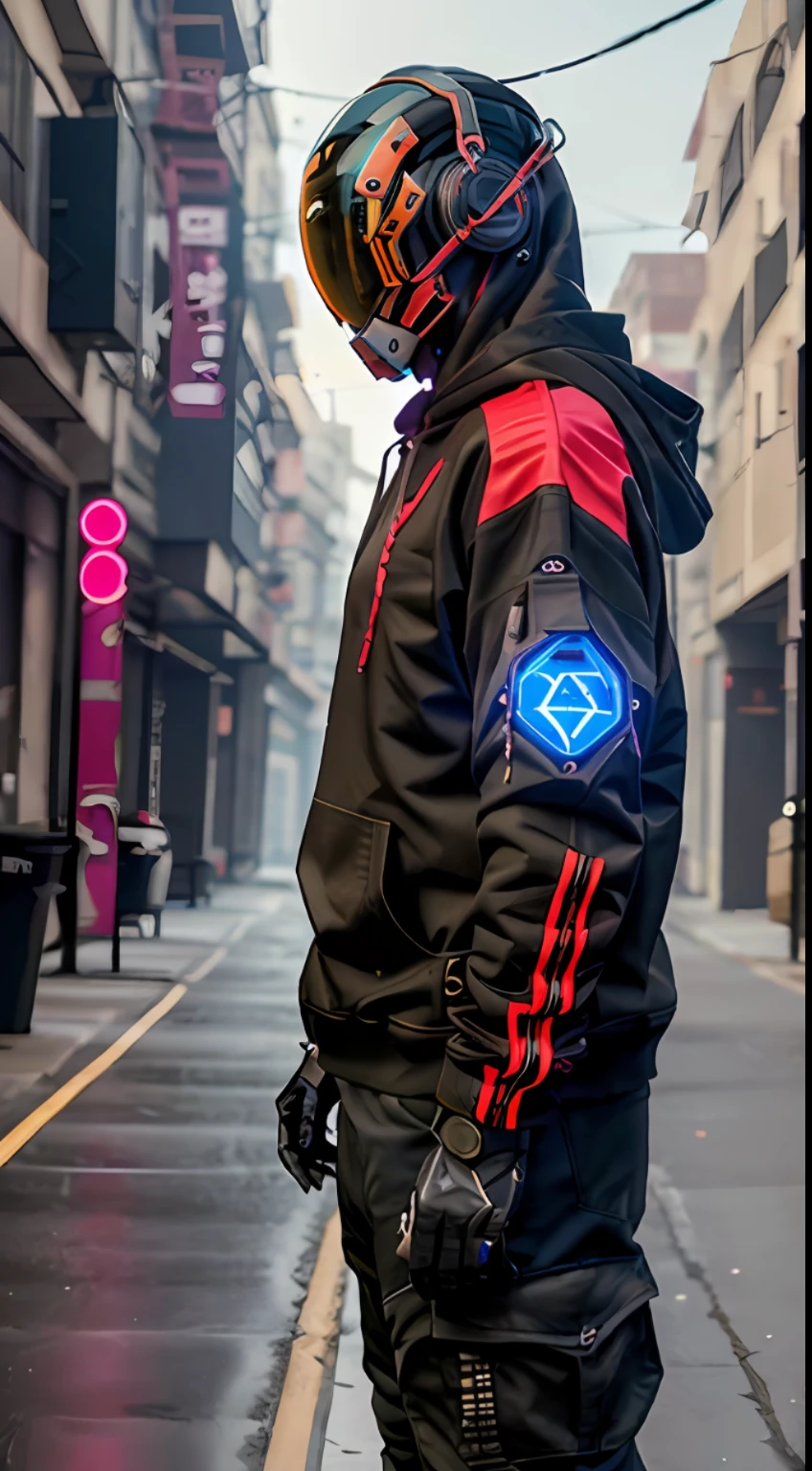 ((obra maestra, plano de cuerpo completo, Intricate raw photography))Cyberpunk, realista, render 3D complejo ultra detallado, mejor calidad, obra maestra, ultra-high-resolution, foto de vaquero, (fotorrealista: 1.4), foto en bruto, arte oficial, (primer plano, enfoque facial: 1.3), fondo complejo, absurdos, vago, atmospheric, malvado, tanque, Dynamic Angle, en un cibercasco verde militar acabado mate, mecha, robot, armadura, mechanical arms, Science-Fiction, no hay humanos, Con una capa hecha jirones, ((Oversized black hoodie, cibervisor, led, Hud, casco estilo moderno ultra realista, cibercasco estilo daftpunk)), Black tactical gloves, comodos pantalones techwear cargo negros, cinematic. sci-fi scene, synthwave, Neon Light Details, intrincado, FUTURISTICA, Claro, enfoque preciso, Postura relajada, tiene muchas armas de alta tecnologia, tecnologia avanzada de grandes armas, colores vividos, serio, ciudad cyberpunk, street neon lights, foto insta, Photo of the Year, cinema4d, dramatic, luces y sombras, Efectos visuales realistas (( renderizado octanaje realista)), Estilo de arte hiperrealista.