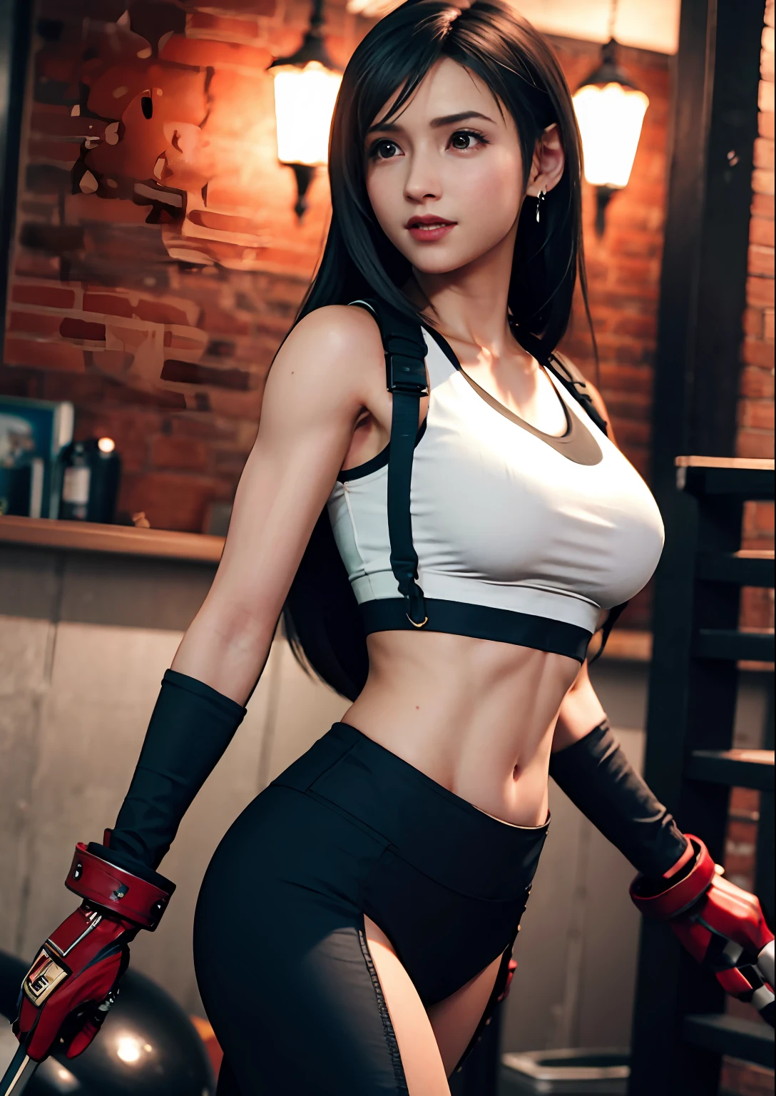 (realisticlying:1.4),top Quority,very fine and beautiful,A high resolution,1girl huge large breasts,Fitness trainer,tifa_lockhart,smil,Tights shot,Harnes,low-waist,Tight tank top,black har,length hair,gloves on the elbow,Beautiful detailed red eyes,Face light,cinmatic lighting,udder,navels,High exposure,Abdominal exposure,the ribs,Abs,(seios gigantescos:1.2),dynamicpose,dynamic angle,