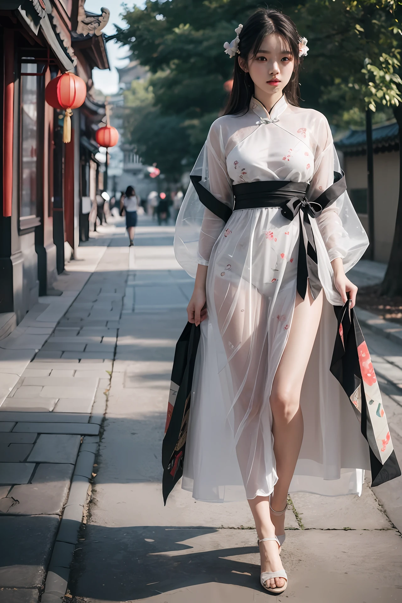 origami dress, full body photo of young lady in a sheer(((paper)))((loose))hanfu, (pale skin:1.377), material((Chinese paper)), (translucent), (sexy), 8k uhd, dslr, soft lighting, high quality, film grain, Fujifilm XT3