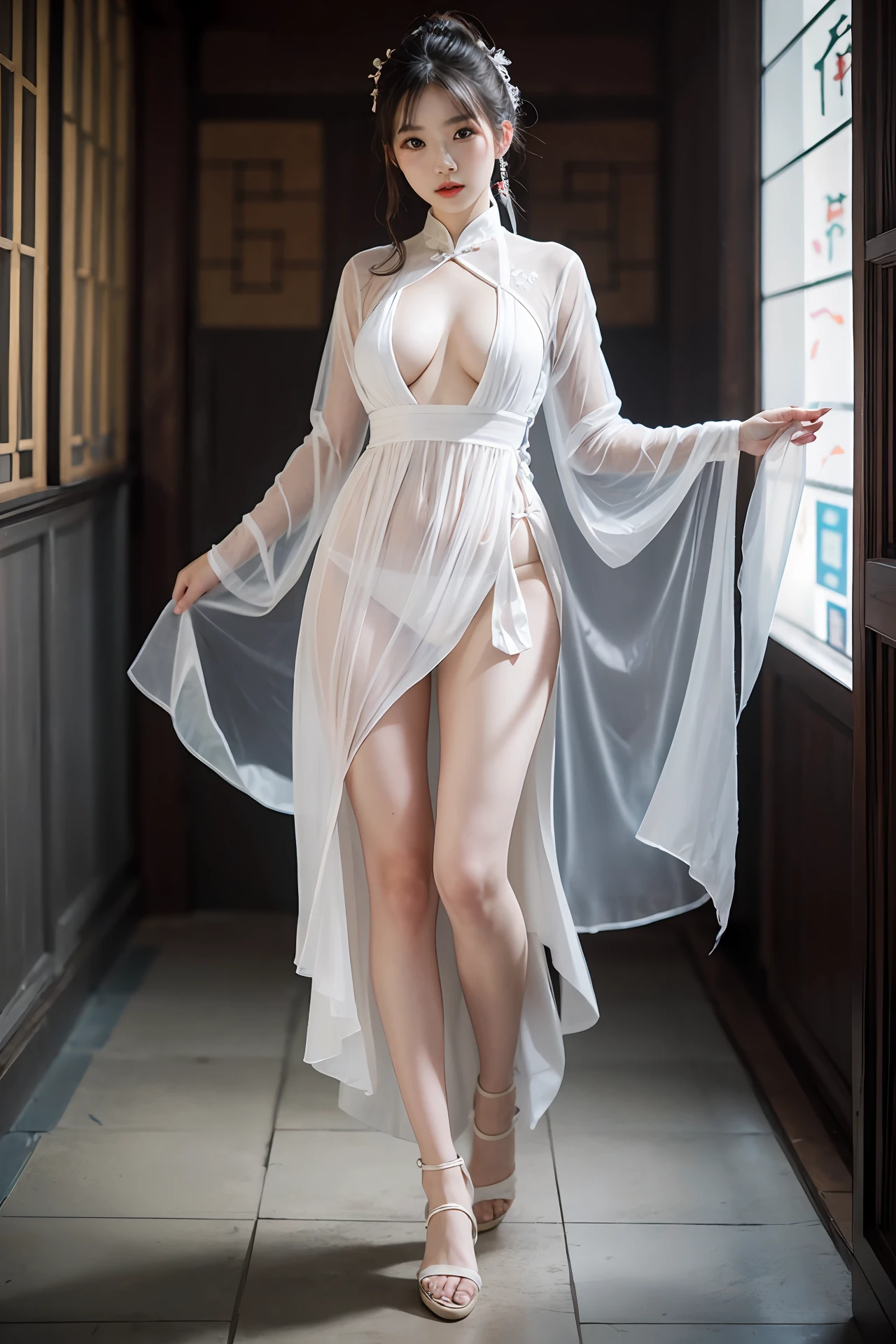 origami dress, full body photo of young lady in a sheer(((paper)))((loose))hanfu, (pale skin:1.377), material((Chinese paper)), (translucent), (sexy), 8k uhd, dslr, soft lighting, high quality, film grain, Fujifilm XT3