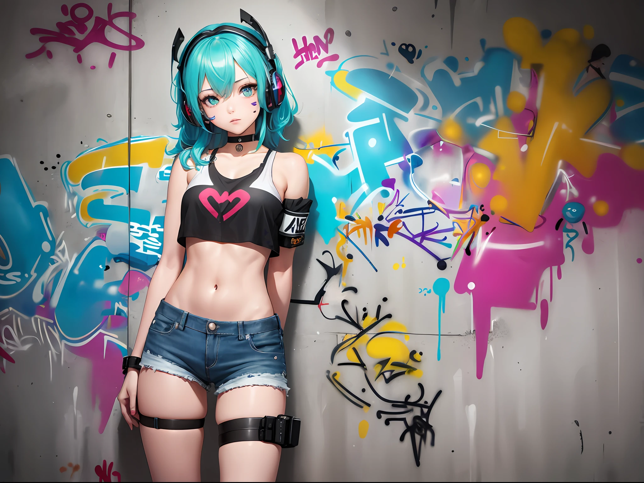 masterpiece, best quality, 1girl, solo, crop top, denim shorts, choker, (graffiti:1.5), paint splatter, arms behind back, against wall, looking at viewer, armband, thigh strap, paint on body, head tilt, bored, multicolored hair, aqua eyes, headset,