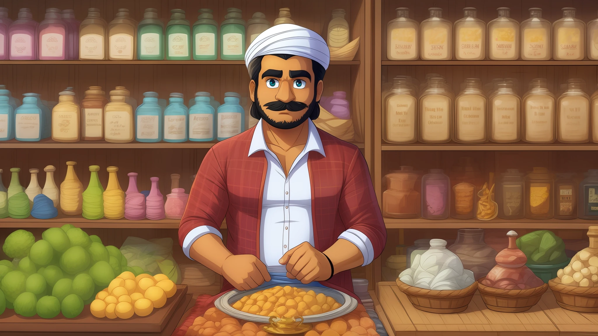 A indian man in shop with many coustomers in cartoon