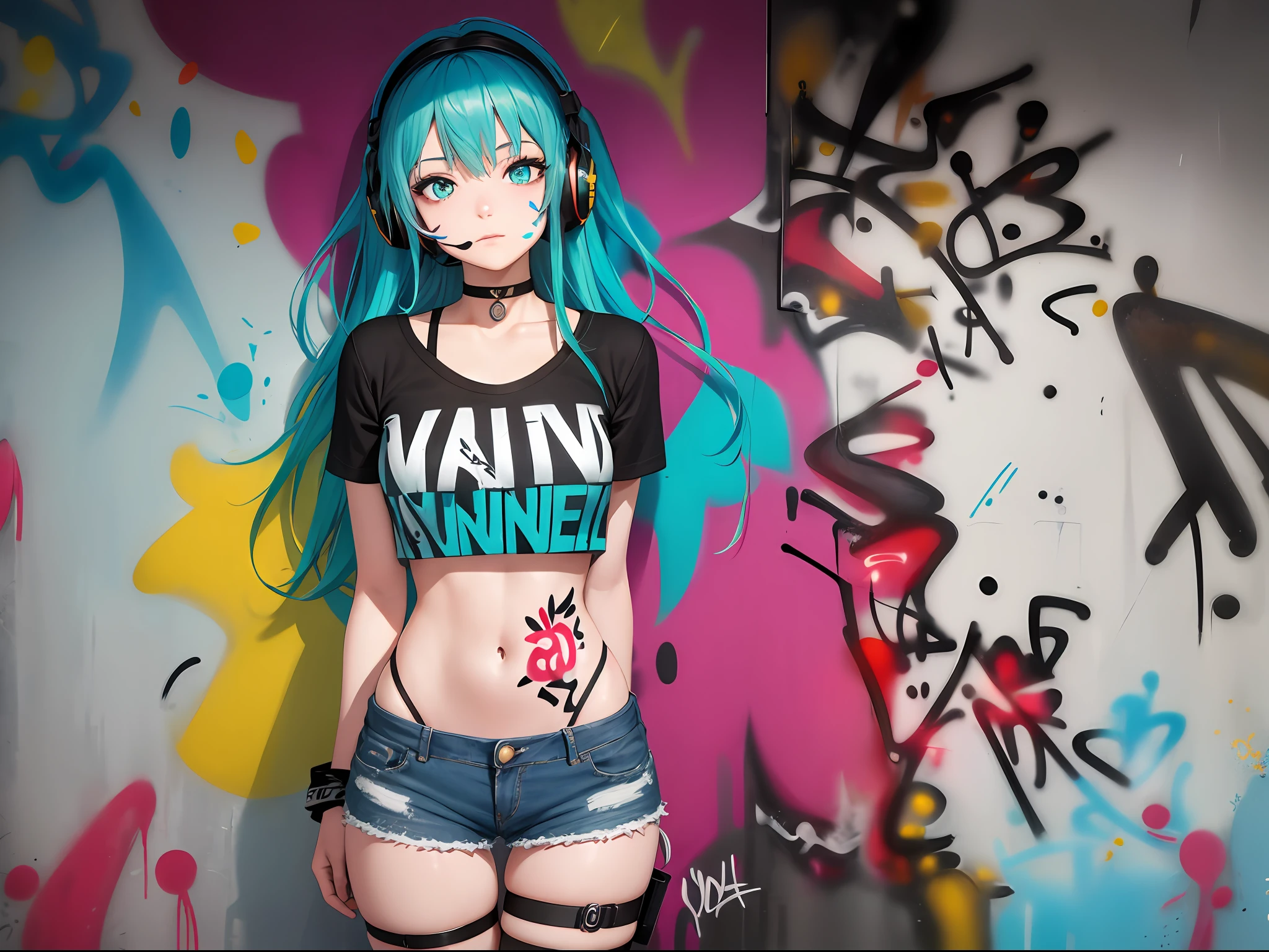 masterpiece, best quality, 1girl, solo, crop top, denim shorts, choker, (graffiti:1.5), paint splatter, arms behind back, against wall, looking at viewer, armband, thigh strap, paint on body, head tilt, bored, multicolored hair, aqua eyes, headset,
