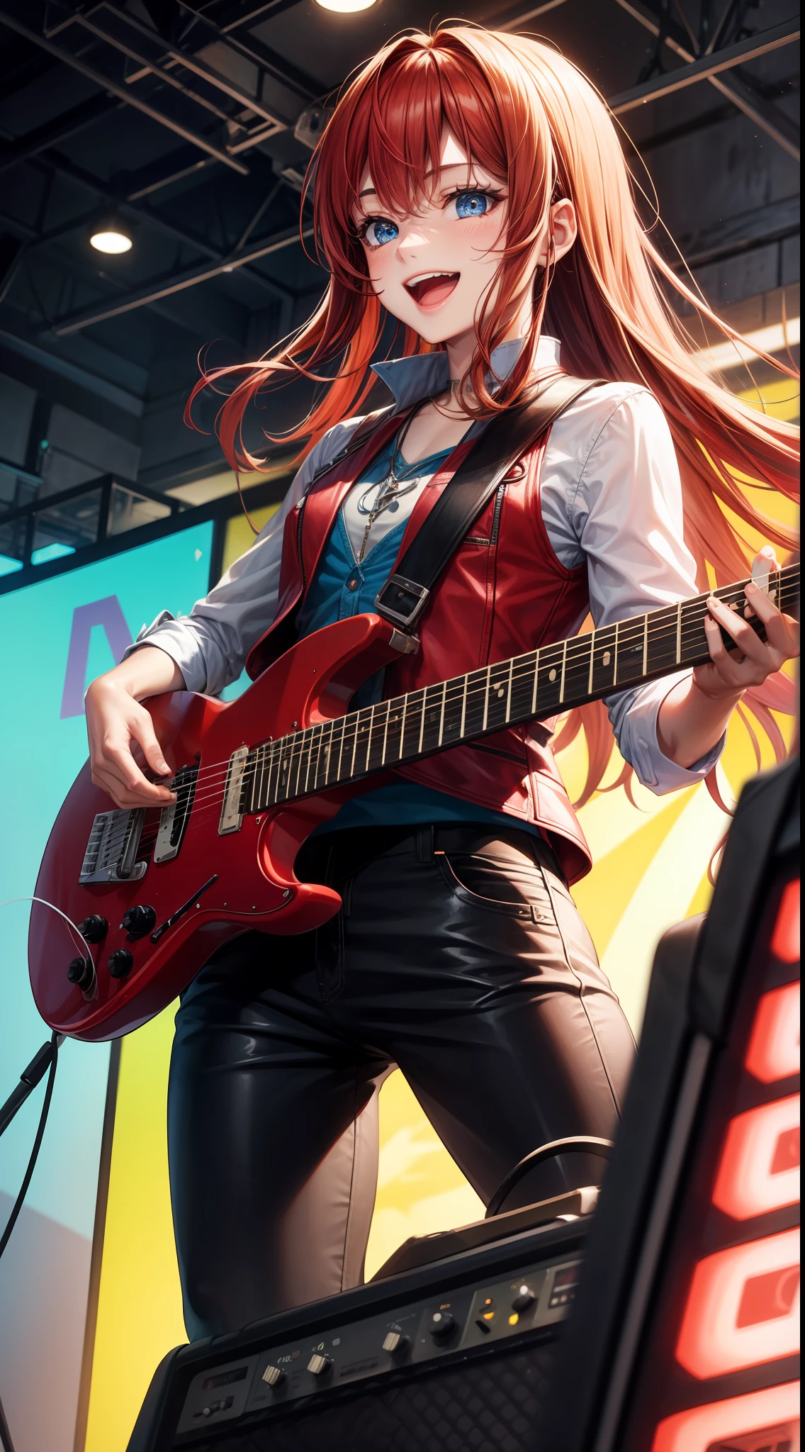 Young guy, Long red hair, blue eyes, red sleeveless leather vest, electric guitar, Cheerful smile, open mouth, Masterpiece, high qulity