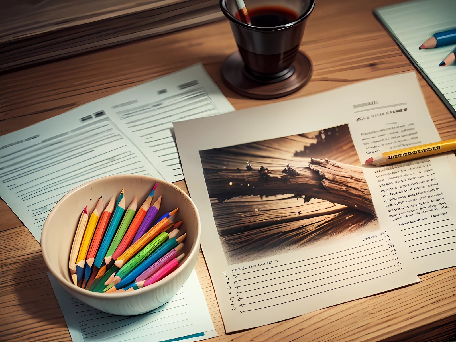 photorealistic image of colored pencils on a wooden desk and a blank sheet of paper --auto --s2