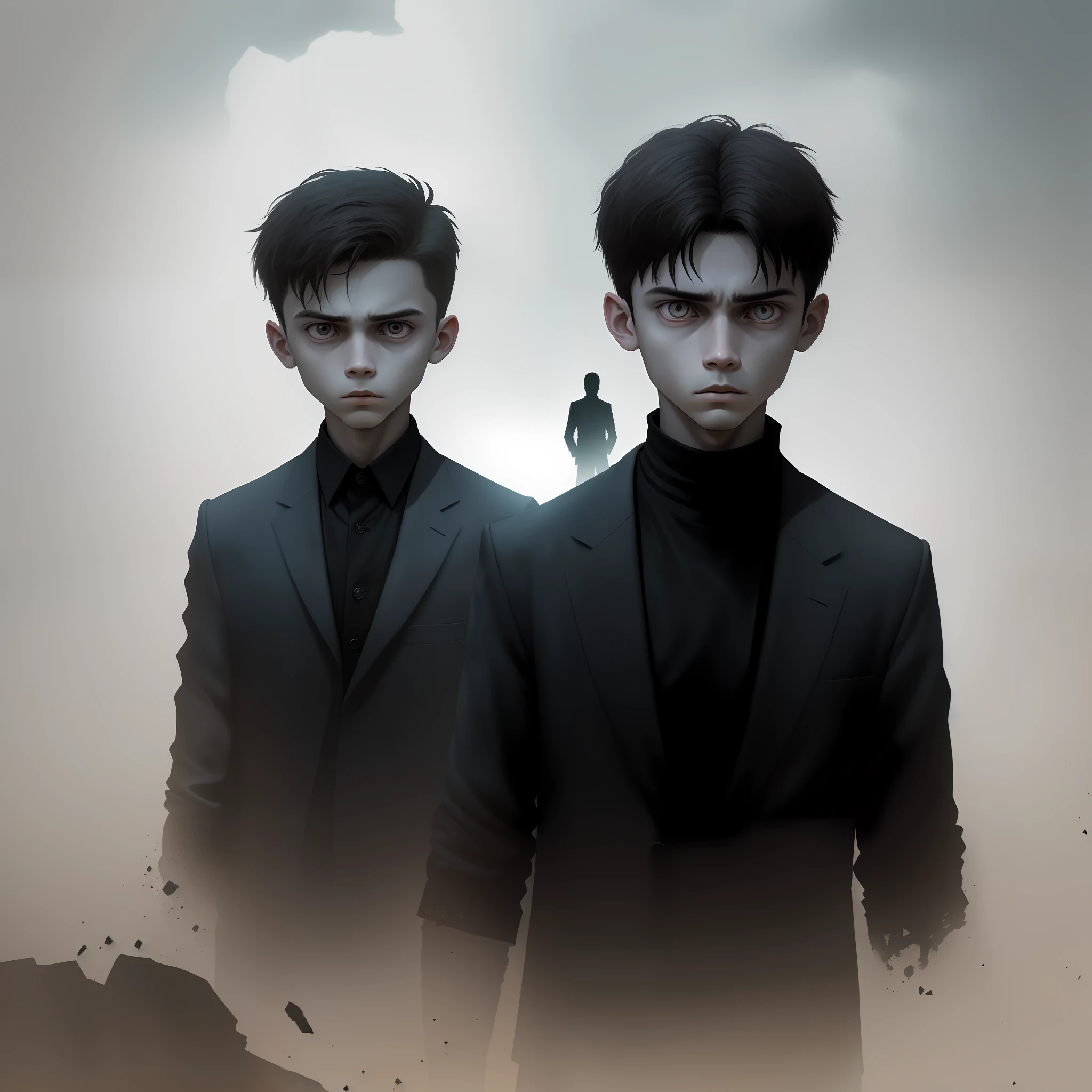 Create an image of a cool boy in a horror setting that exudes both fear and intrigue. The boy should be depicted as confident and self-assured, with an air of cool detachment that suggests he is not easily shaken. The horror setting should be dark and foreboding, with shadows and silhouettes that obscure the true nature of the danger lurking in the background. The boy should be dressed in a stylish and contemporary outfit, but with subtle elements that hint at his connection to the supernatural or otherworldly. The overall mood of the image should be one of both fear and curiosity, with the suggestion that the boy is investigating something beyond the ordinary. The desired image quality should be high resolution, with a focus on the boy's facial expression and body language, as well as the eerie and unsettling atmosphere of the horror setting. The composition should be carefully balanced to create a sense of tension and anticipation, drawing the viewer deeper into the mystery and horror of the scene.