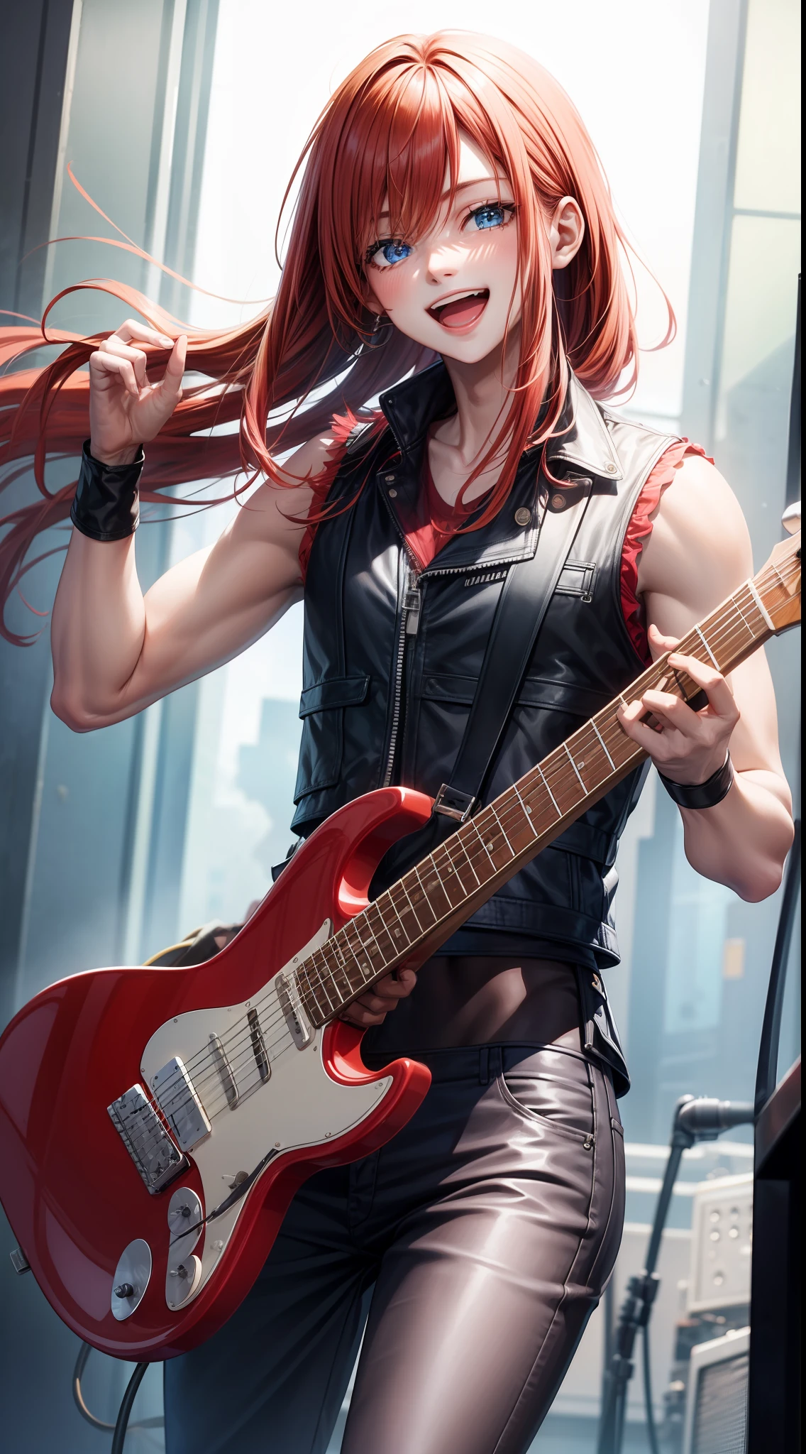Young guy, Long red hair, blue eyes, red sleeveless leather vest, electric guitar, Cheerful smile, open mouth, Masterpiece, high qulity