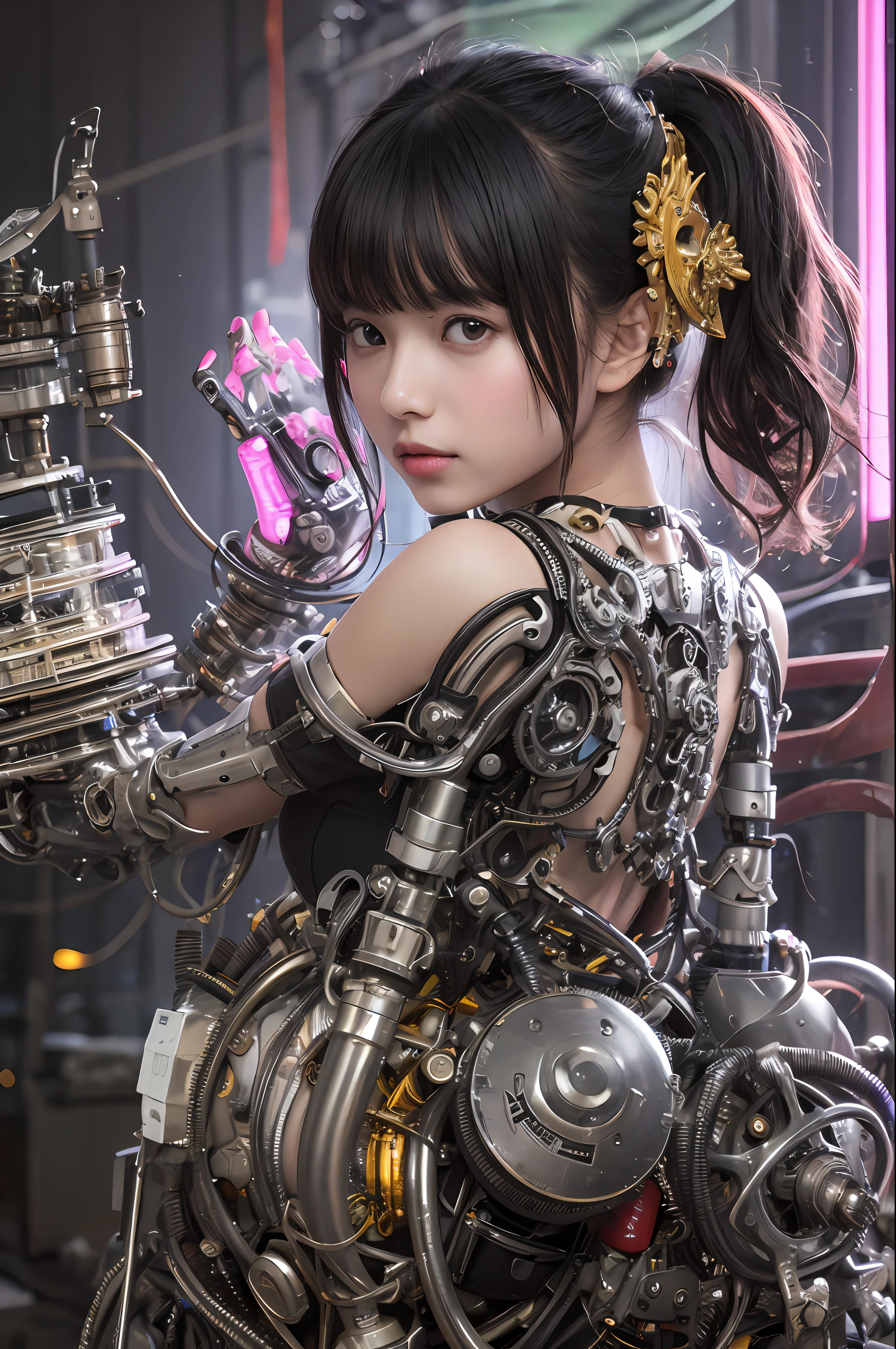 beste-Qualit、巨作、ultra-high-resolution、(photo- realistic:1.4)、Raw photo、女の子1人、Black hair、glowy skin、Cyberpunk Girl、((hyper realistic detail))、portlate、Global Illumination、Shadow、octan render、in 8K、ultrasharp、巨乳、Raw skin is exposed in cleavage、metals、Details of complex ornaments、Indian Hindu Detail、Luminous tube、Analog Meter、cog、gear、Golden hydraulic cylinder、extremely intricate detail、Realistic light、CGSoation Trends、purple-eyed、radiant eyes、Facing the camera、neon details、Mechanical limbs、blood vessels connected to tubes、Mechanical vertebrae attached to the back、mechanical cervical attaching to neck、sitting on、Wires and cables connecting to the head、Small LED lamp、