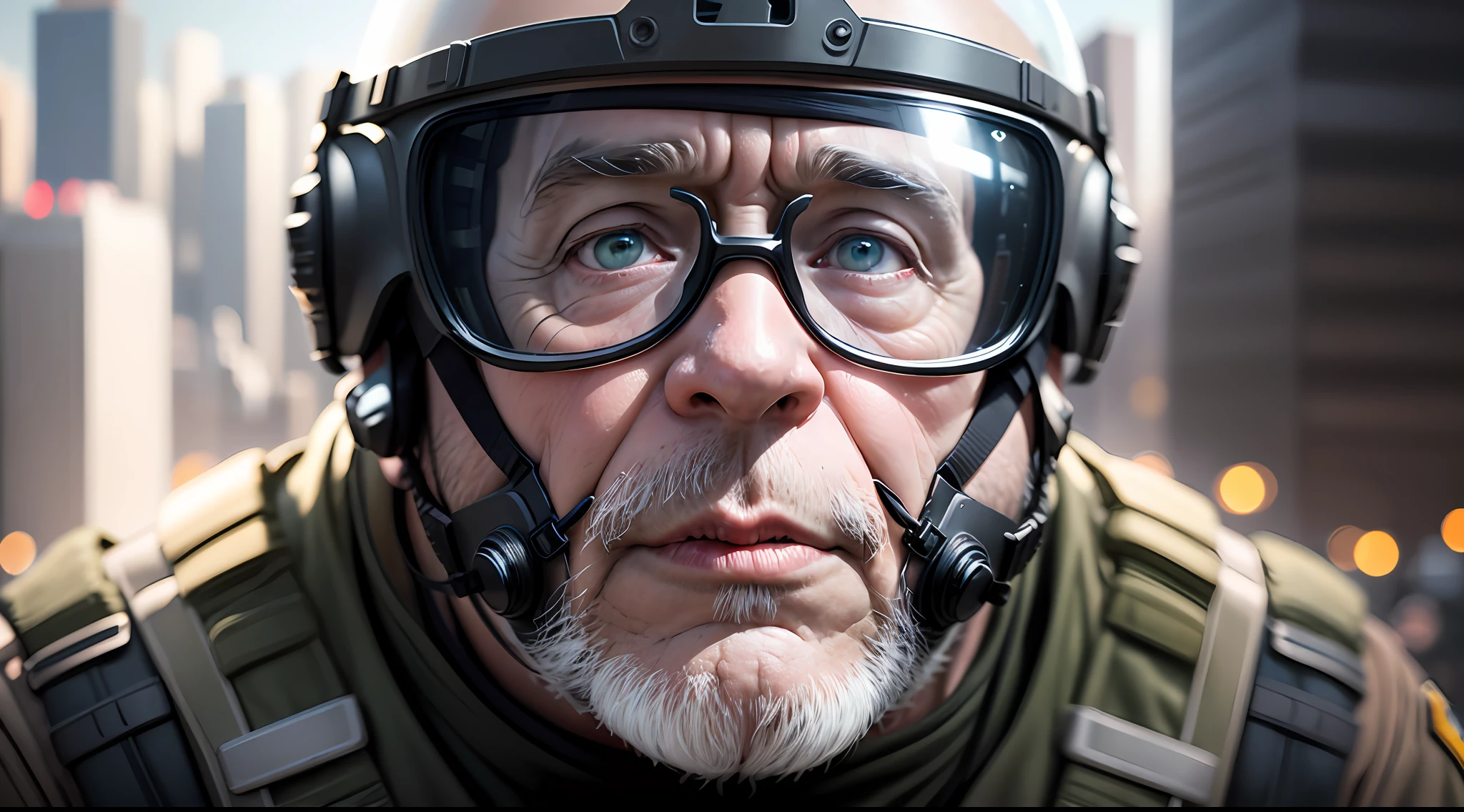 dynamic scene. The future is 2500. A funny and funny fat old man special forces soldier in a small glass helmet that barely fits on his head looks up in surprise. Close-up. Pastel colors. Cartoon Disney. super photorealistic. Blurred background of the evening city of the future, light haze, 8k --auto --s2