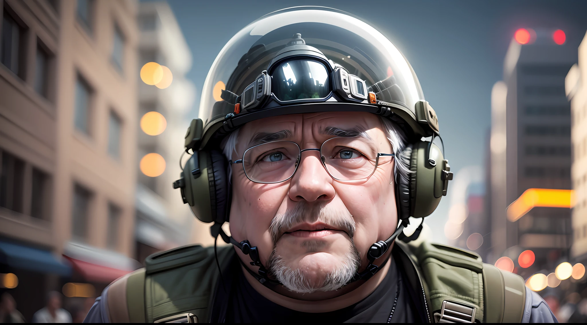 dynamic scene. The future is 2500. A funny and funny fat old man special forces soldier in a small glass helmet that barely fits on his head looks up in surprise. Close-up. Pastel colors. Cartoon Disney. super photorealistic. Blurred background of the evening city of the future, light haze, 8k --auto --s2