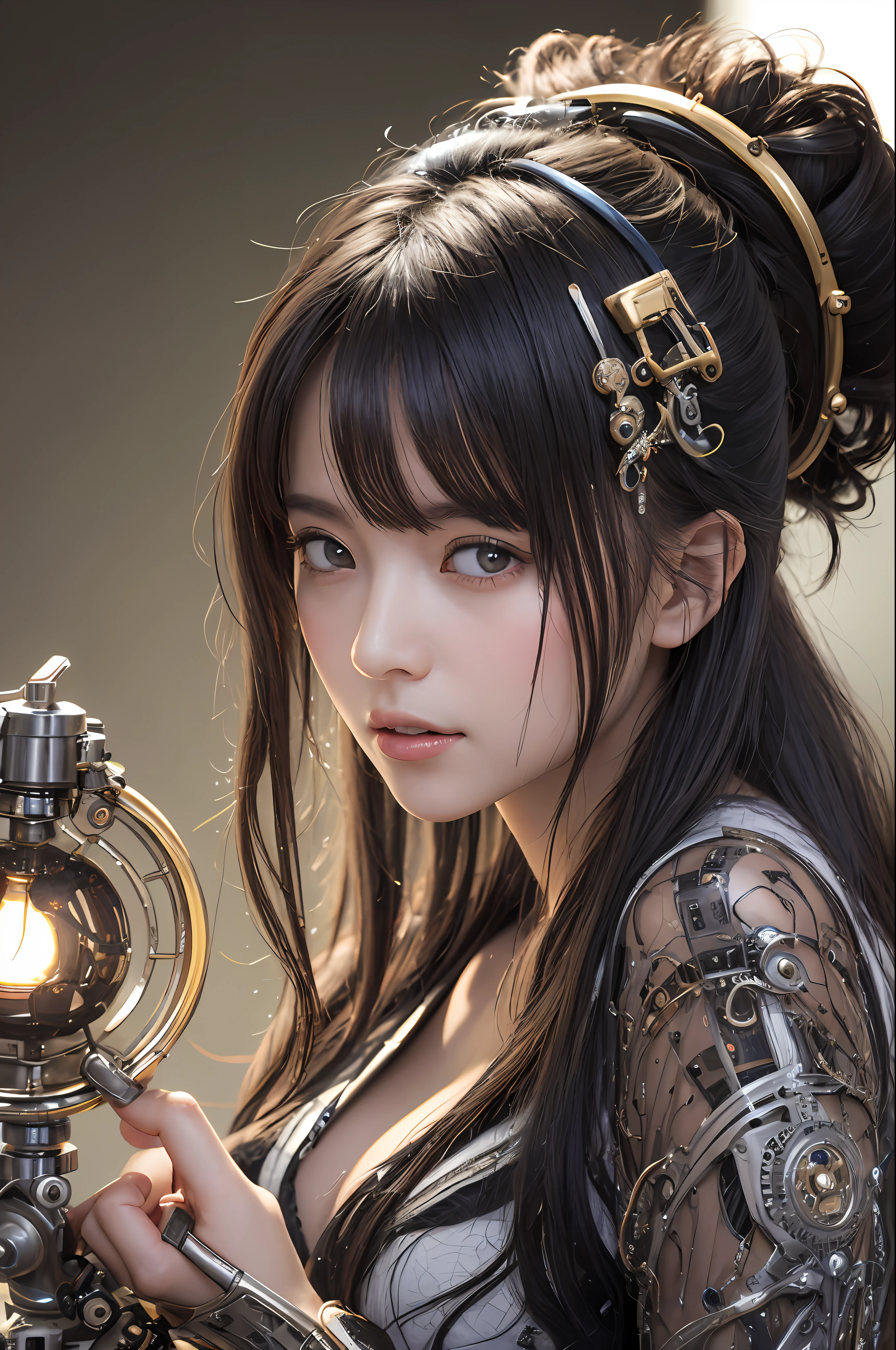 beste-Qualit、巨作、ultra-high-resolution、(photo- realistic:1.4)、Raw photo、女の子1人、Black hair、glowy skin、Robot Girl、((hyper realistic detail))、portlate、Global Illumination、Shadow、octan render、in 8K、ultrasharp、巨乳、Raw skin is exposed in cleavage、metals、Details of complex ornaments、Indian Hindu Detail、Luminous tube、Analog Meter、cog、gear、Golden hydraulic cylinder、extremely intricate detail、Realistic light、CGSoation Trends、purple-eyed、radiant eyes、Facing the camera、neon details、Mechanical limbs、blood vessels connected to tubes、Mechanical vertebrae attached to the back、mechanical cervical attaching to neck、sitting on、Wires and cables connecting to the head、Small LED lamp、