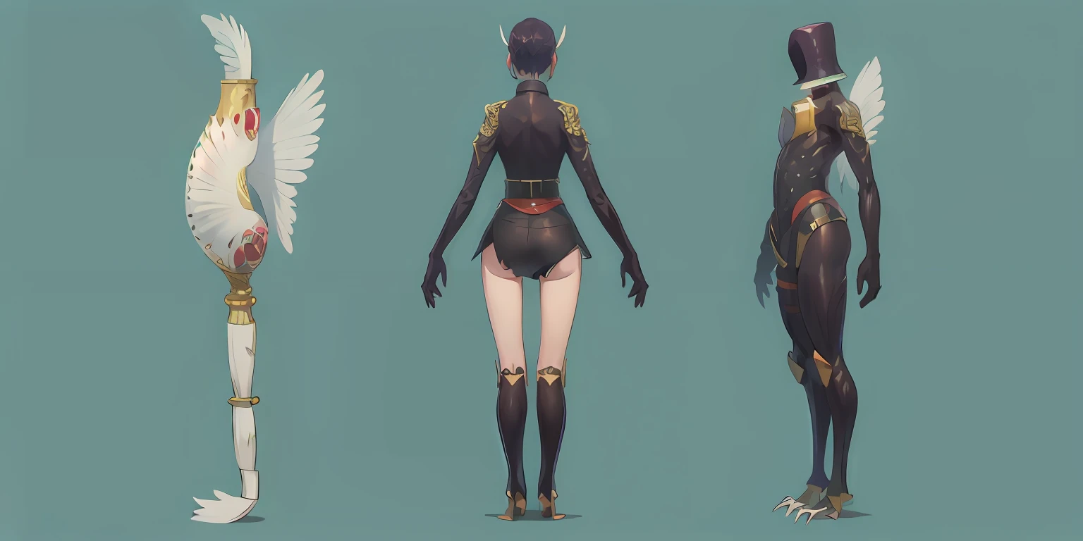 a monster, three view drawing, super ultra detail, big eye, feathery, little wings