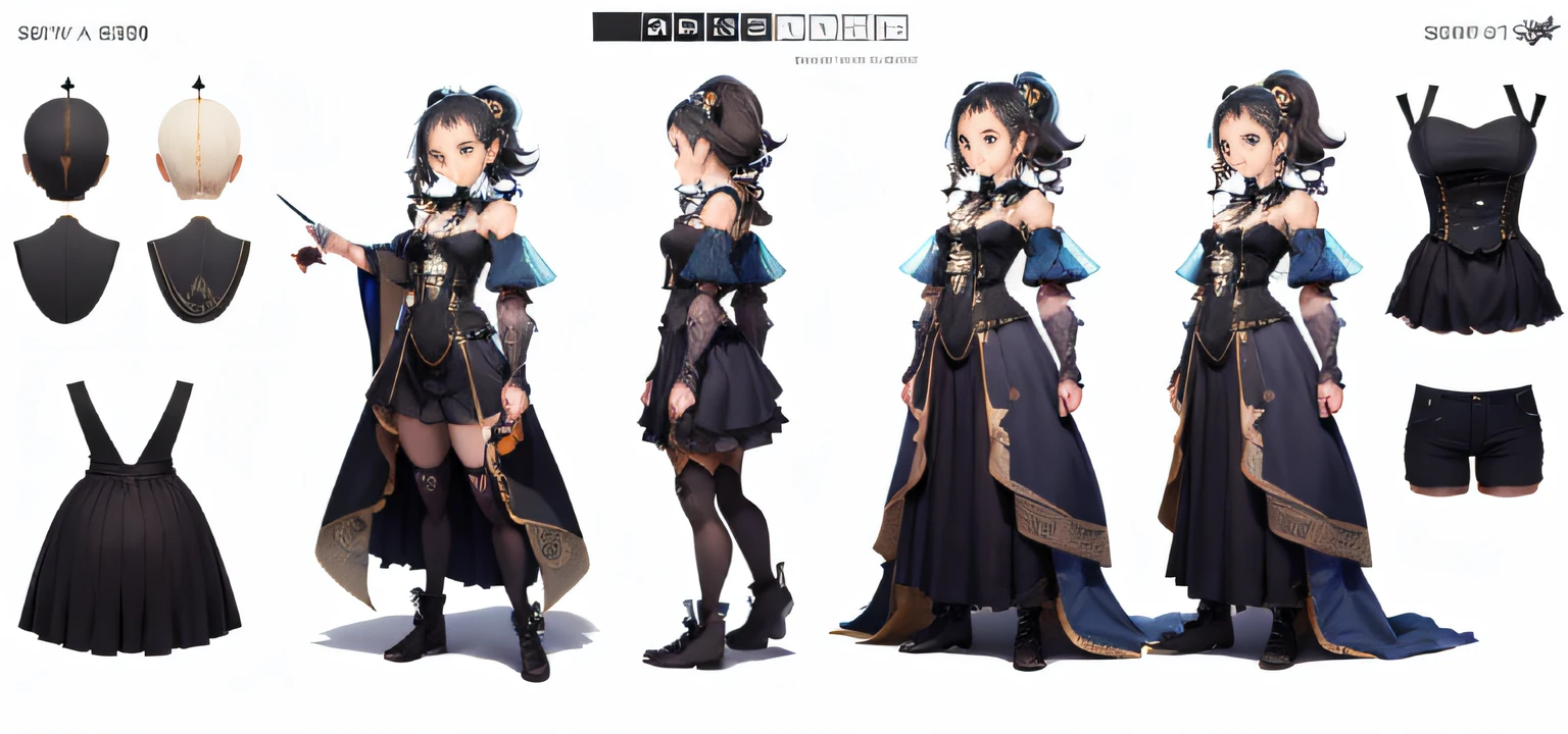 character turnaround sheet:2,three view drawing,full body shot:2,A cute girl dressed in a blackdress,anime aesthetic, super ultra detail --ar 16:12 --s 50 --niji 5 --q 2
