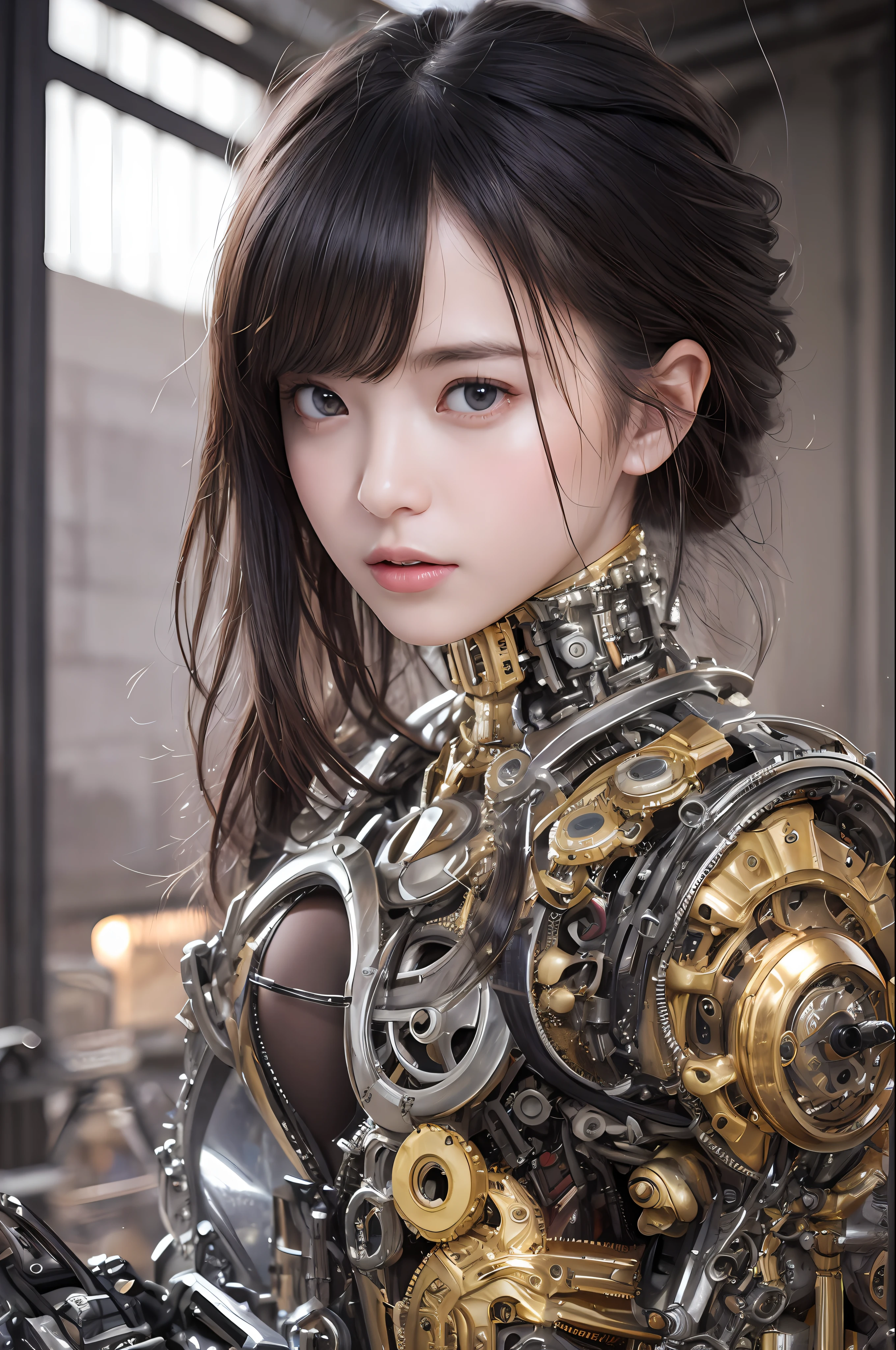 beste-Qualit、巨作、ultra-high-resolution、(photo- realistic:1.4)、Raw photo、女の子1人、Black hair、glowy skin、Robot Girl、((hyper realistic detail))、portlate、Global Illumination、Shadow、octan render、in 8K、ultrasharp、巨乳、Raw skin is exposed in cleavage、metals、Details of complex ornaments、Indian Hindu Detail、Luminous tube、Analog Meter、cog、gear、Golden hydraulic cylinder、extremely intricate detail、Realistic light、CGSoation Trends、purple-eyed、radiant eyes、Facing the camera、neon details、Mechanical limbs、blood vessels connected to tubes、Mechanical vertebrae attached to the back、mechanical cervical attaching to neck、sitting on、Wires and cables connecting to the head、Small LED lamp、