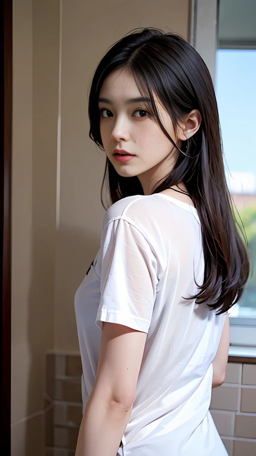 (photograph realistic:1.4), (Ultra photo realsisim:1.4), (realisticlying:1.3), (Smoother lighting:1.05), (increase cinematic lighting quality:0.9), 32K,realistic illumination,The light from the back window is backlighted,light in face,raytrace,(Brighten light:1.2),(enhanced quality:1.4), (Best quality real textured skin:1.4),Fine Detailed Eyes,finerly detailed face,finely quality eyes, (fatigue, sleepiness, Satisfaction:0.0),closeup of face,T- shirt, (Increased Body Line Mood:1.1),(Increases skin texture and beauty:1.1), Kpop idol, ((In the bathroom)), ((Top quality, 8K, 巨作: 1.3)), Clear focus: 1.2, perfect body figure: 1.4, highly detailed face and skin textures, Detailed eyes, thin man, Beautiful face, Symmetrical face, whole-length, Sexy, 浴室
