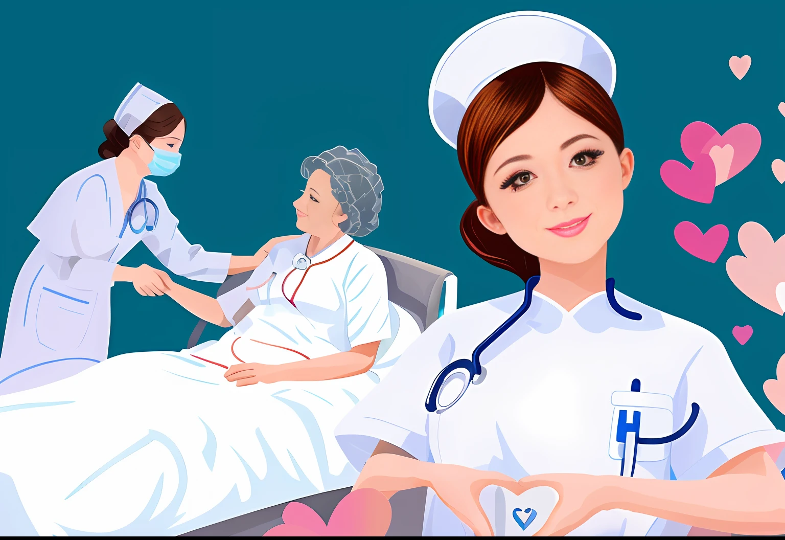 there is a nurse making a heart sign with her hands, nursing, Stylized digital illustration, hospital in background, nurse girl, healthcare worker, nurse, digital illustration -, Digital illustration, medical illustration, A beautiful artwork illustration, Numbers washes, medical background, detailed digital illustration, digital art illustration, the doctor, nursing home, Digital illustration, Flat illustration