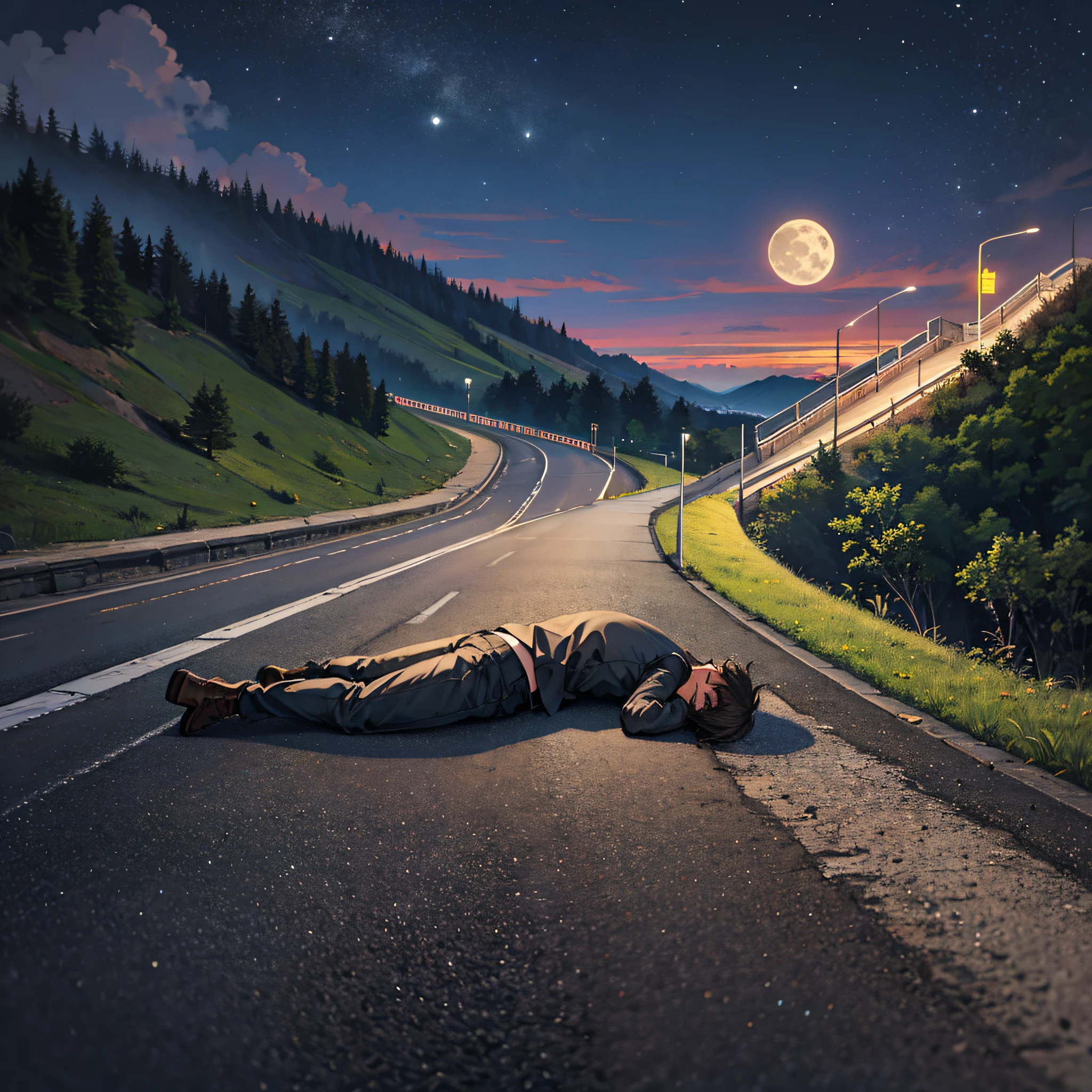 A man lies on the ground，hillside，highways，Moon Night，suburb