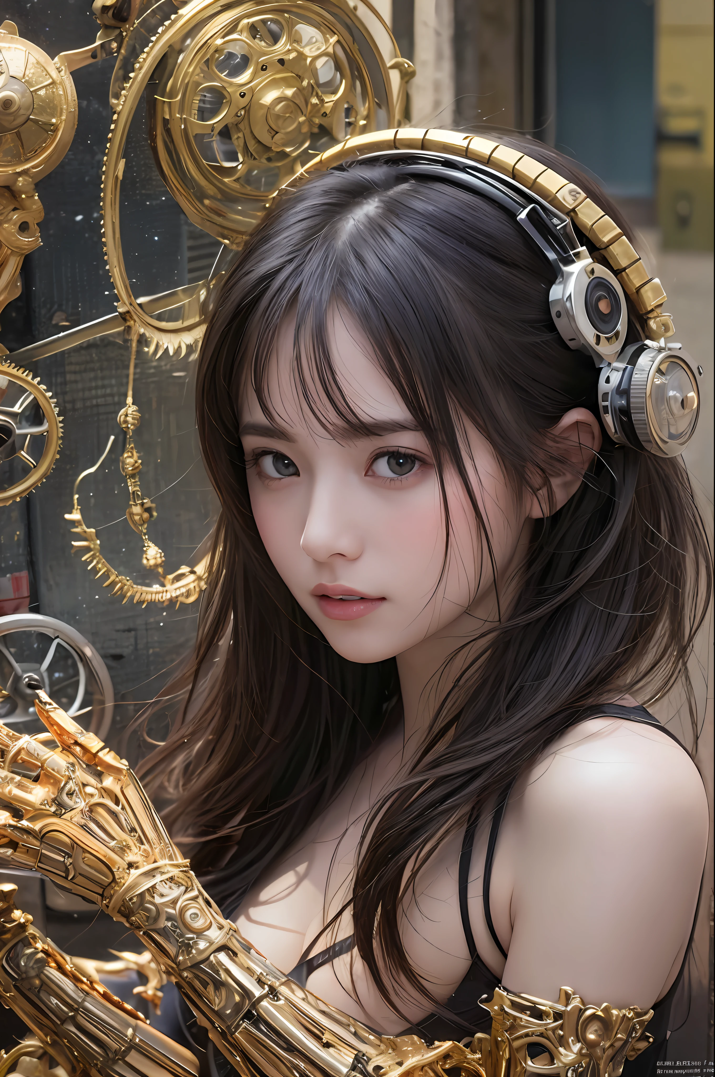 beste-Qualit、巨作、ultra-high-resolution、(photo- realistic:1.4)、Raw photo、女の子1人、Black hair、glowy skin、Robot Girl、((hyper realistic detail))、portlate、Global Illumination、Shadow、octan render、in 8K、ultrasharp、巨乳、Raw skin is exposed in cleavage、metals、Details of complex ornaments、Indian Hindu Detail、Luminous tube、Analog Meter、cog、gear、Golden hydraulic cylinder、extremely intricate detail、Realistic light、CGSoation Trends、purple-eyed、radiant eyes、Facing the camera、neon details、Mechanical limbs、blood vessels connected to tubes、Mechanical vertebrae attached to the back、mechanical cervical attaching to neck、sitting on、Wires and cables connecting to the head、Small LED lamp、