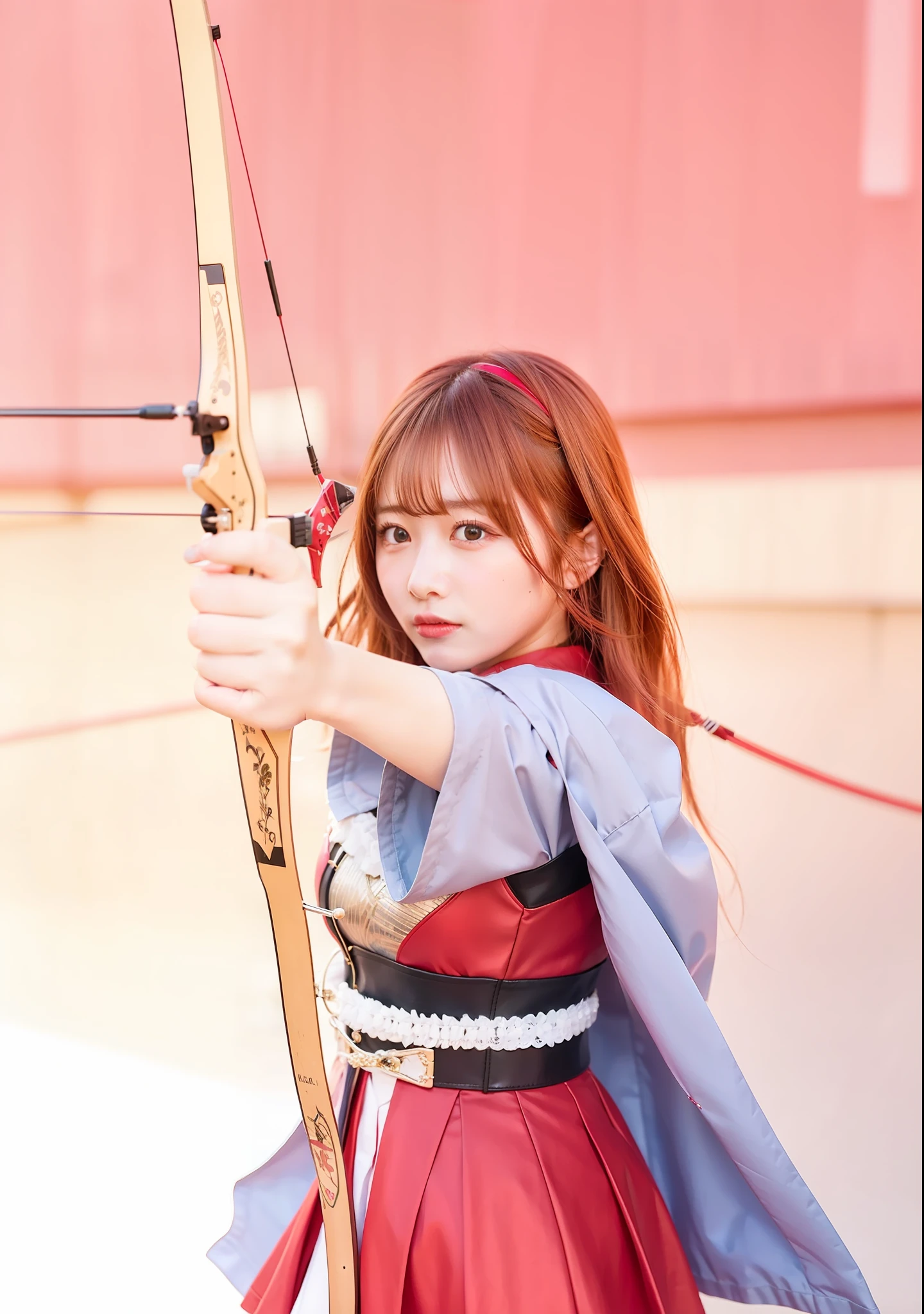 1girl, archery, long hair, red hair, realistic, ultra detail, 70mm lens