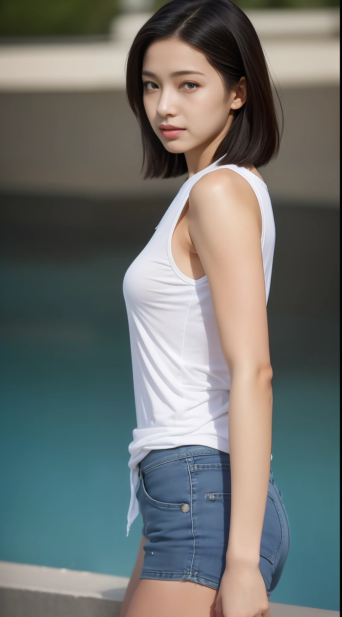 ((beste-Qualit、巨作:1.3))、18 years-old、college student、sharp foc:1.2、A beautiful woman with perfect body:1.4、Detailed and very beautiful face、Sports Tank Top、short-hair、Wet Body:1.1、body complet、Denim Short、sneakers
