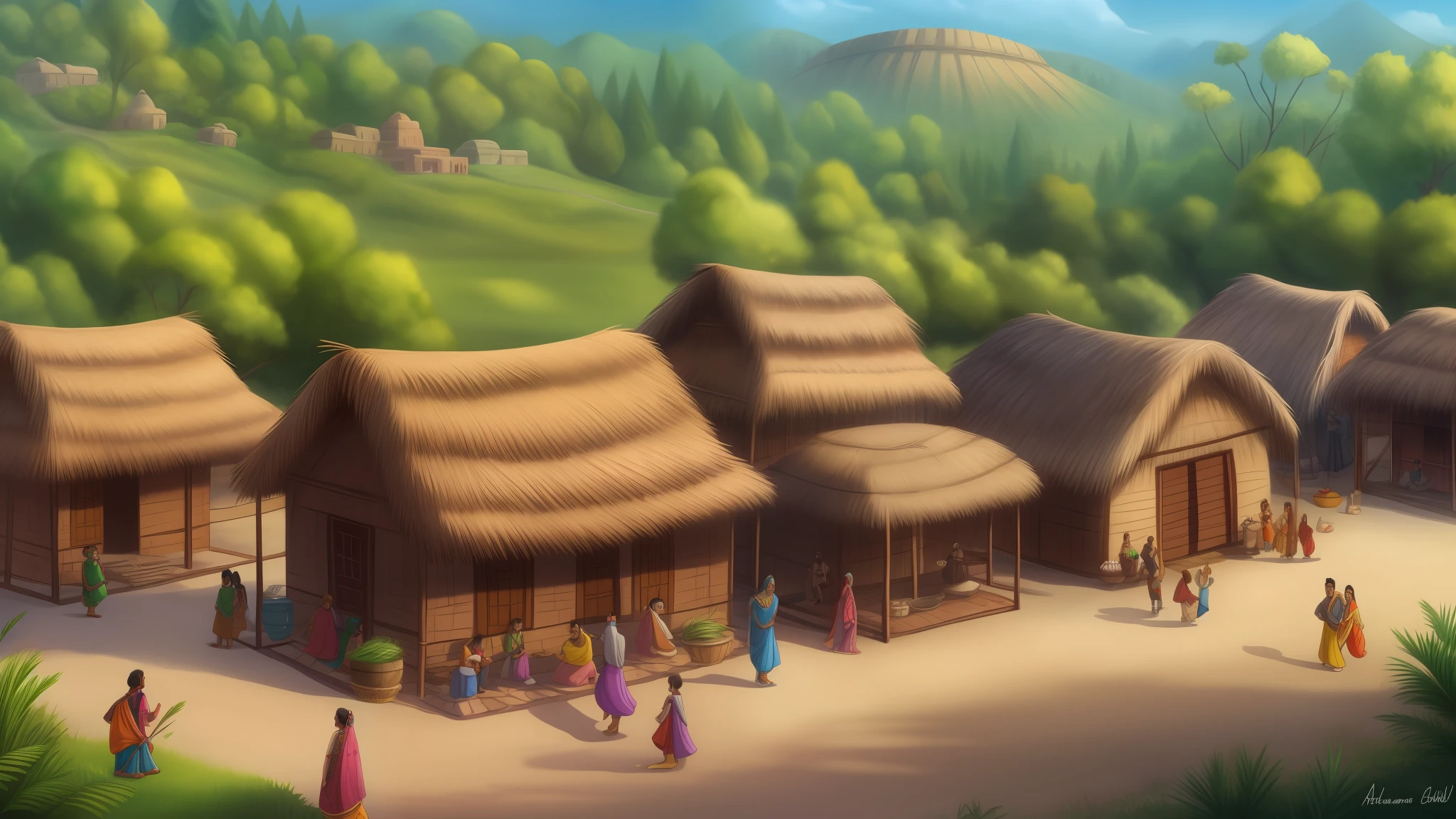 A indian village with many peoples in cartoon