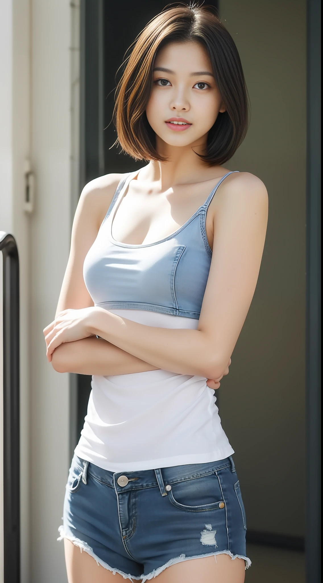 ((beste-Qualit、巨作:1.3))、18 years-old、college student、sharp foc:1.2、A beautiful woman with perfect body:1.4、Detailed and very beautiful face、Sports Tank Top、short-hair、Wet Body:1.1、body complet、Denim Short、sneakers