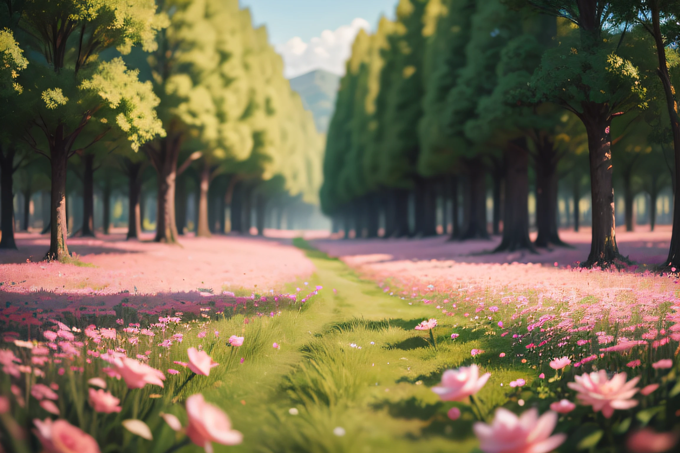 Summer,Pink clouds,A land overgrown with roses,Pink petals fall tall definition: beautiful landscape bokeh, out-of-focus background,, luminous grassy background, depth of field background, grass landscape, scenery art detailed, beautiful in the background, bokeh forest background, scenery background, hyper realistic background, Natural background pink meadow without shadows