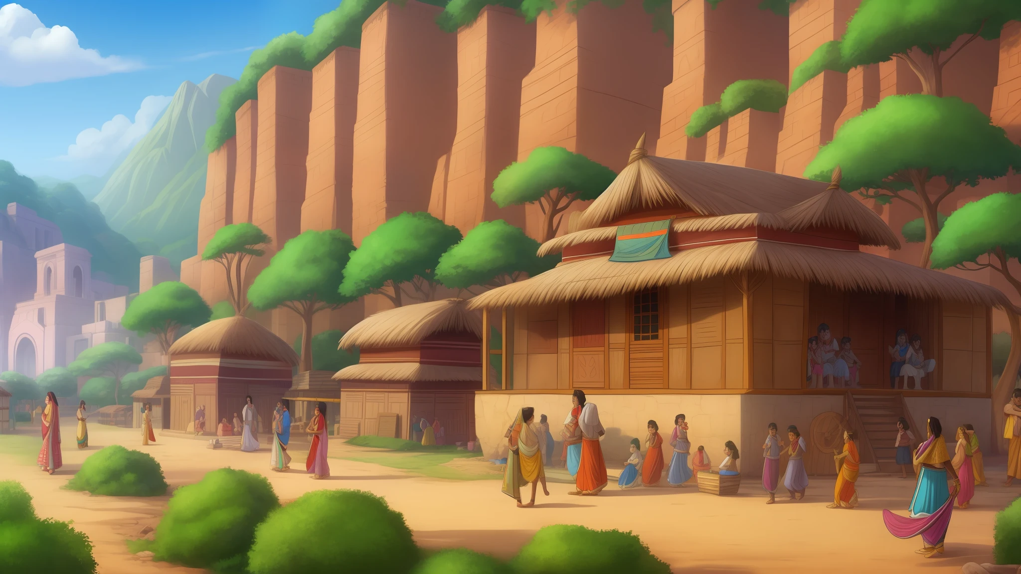 A indian village with many peoples in cartoon