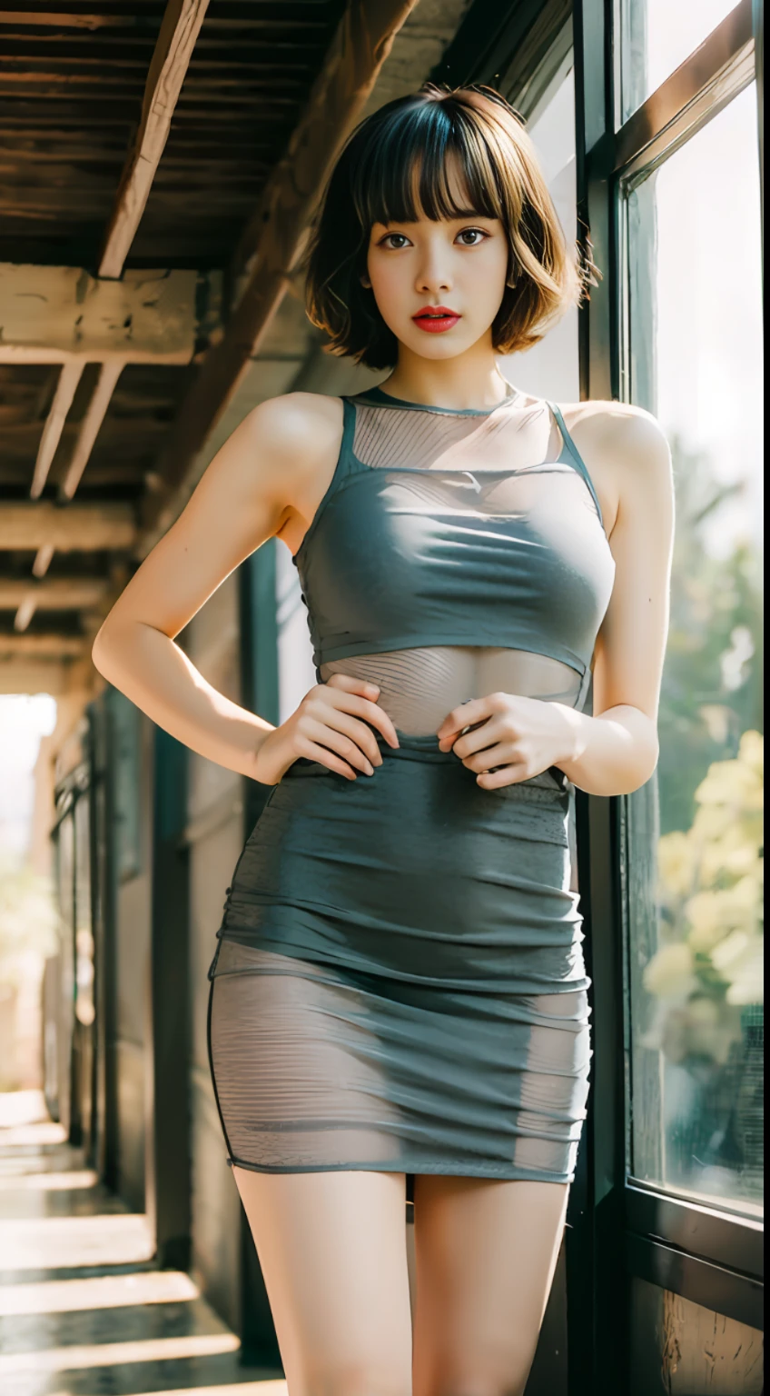 Short Hair Hair,American retro sportswear,See-through dresses,tit,Long legs,standing pose,masterpaintings,need,photorealestic,Hi-Def,Natural sun light,16k,(Shot above the calf),