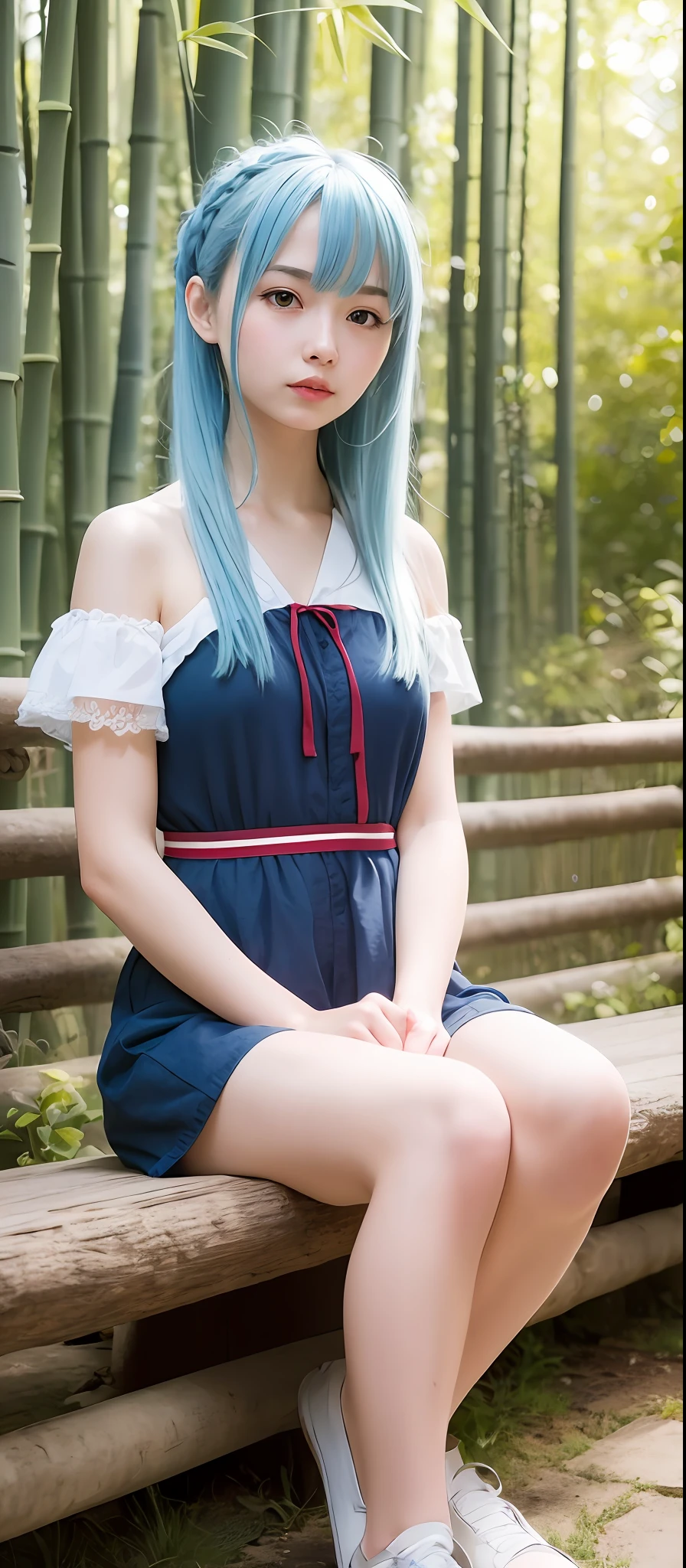 Masterpiece, Best Quality, Official Art, 8k Wallpaper, Very Detailed, Illustration, 1 Girl, Sky Blue Hair, Long Hair, Detailed Eyes, Forrest Gump, Bare Shoulders, Hanfu, Lake, Pure, Soft Smile, bamboo, tea