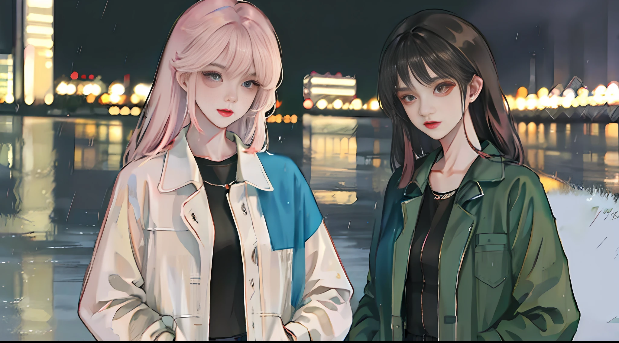 1girl, Night City, rain, coat, hands in pockets
