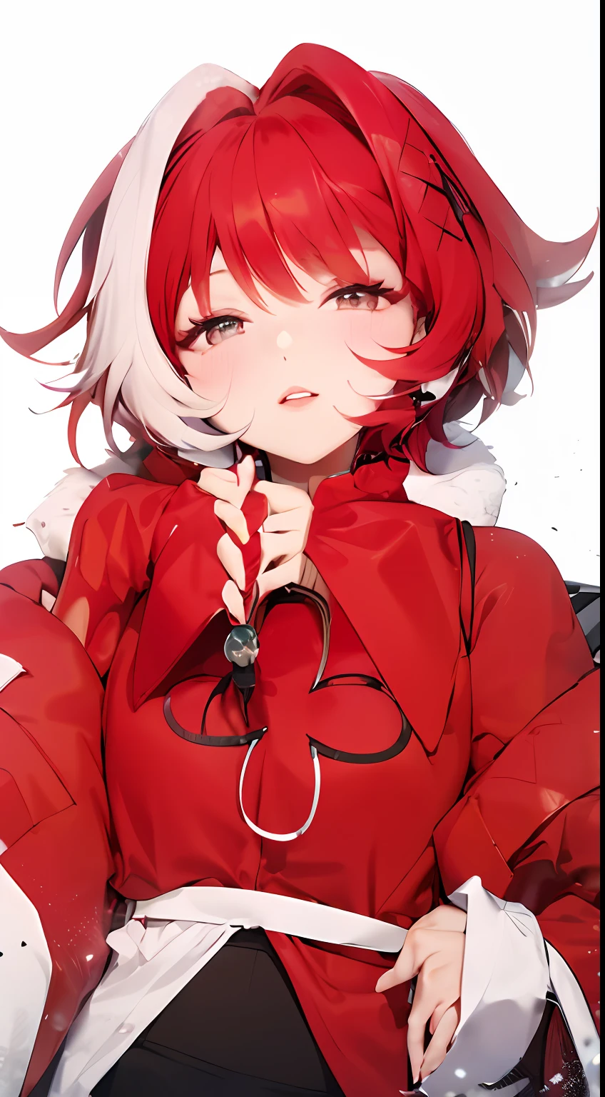 A high cold girl,red tinted hair,Lips slightly open,Loose coat