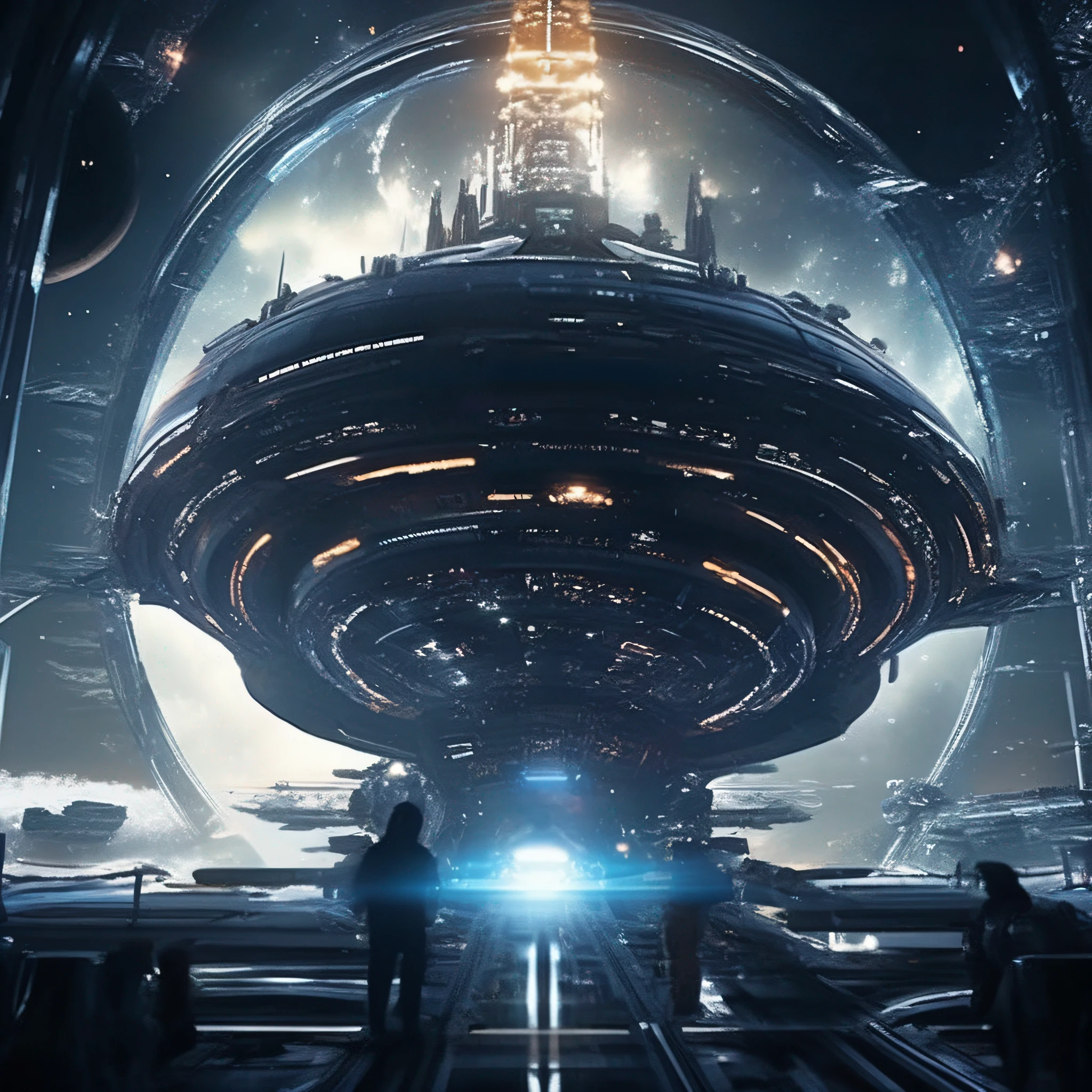 Space battleship、sci-fi movie、A futuristic world、Science fiction universe space、Bank Starfield、Saturn ring、Tech shines、Light energy magnetic levitation、Quantum collision、Time travel、ultra high def、hyper-detailing,Deep view、Lagrange