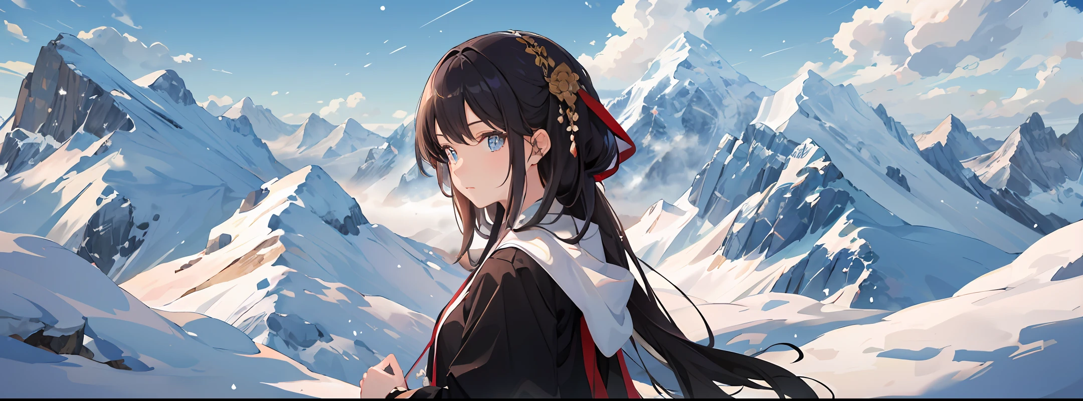 ((master piece)),best quality, illustration, 1girl, In the wilderness,High mountain,Snow-capped mountains in the distance, beautiful detailed eyes, beautiful detailed hair,