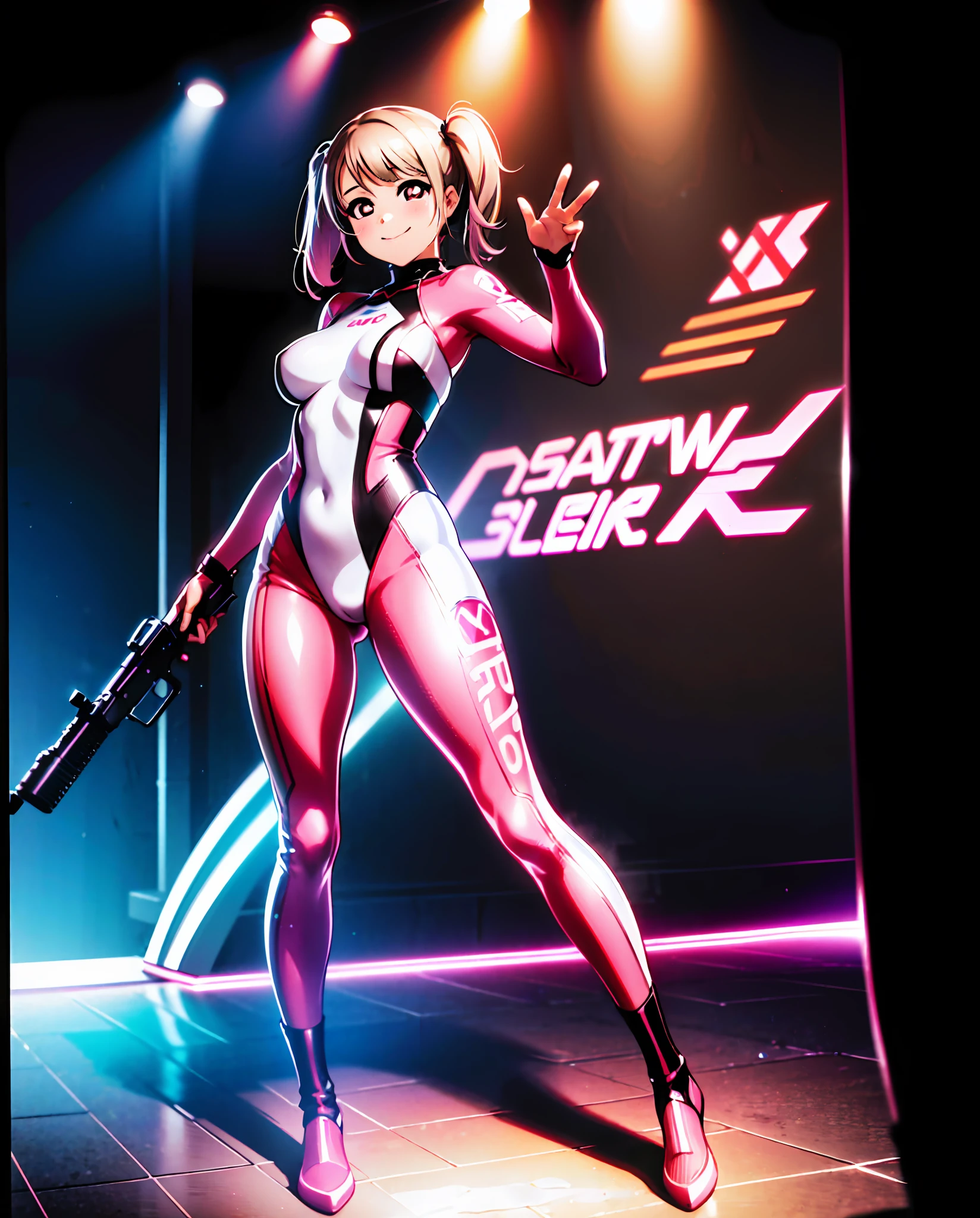 kasumi, (raw photo:1.2),((photorealistic:1.4)),best quality ,masterpiece, illustration, an extremely delicate and beautiful, extremely detailed, unity ,8k wallpaper, Amazing, finely detail, official art,extremely detailed CG unity 8k wallpaper,absurdres, incredibly absurdres, huge filesize, ultra-detailed, highres, beautiful detailed girl, extremely detailed eyes and face, beautiful detailed eyes,light on face,cinematic lighting,((extremely pink tight suit clothing)),1girl,full body,full-body shot,looking at viewer,((light pink hair)), red eyes,((bliss)), best detailed background, ((cosplay)), (smile), twintails, ((hold a rifle)),