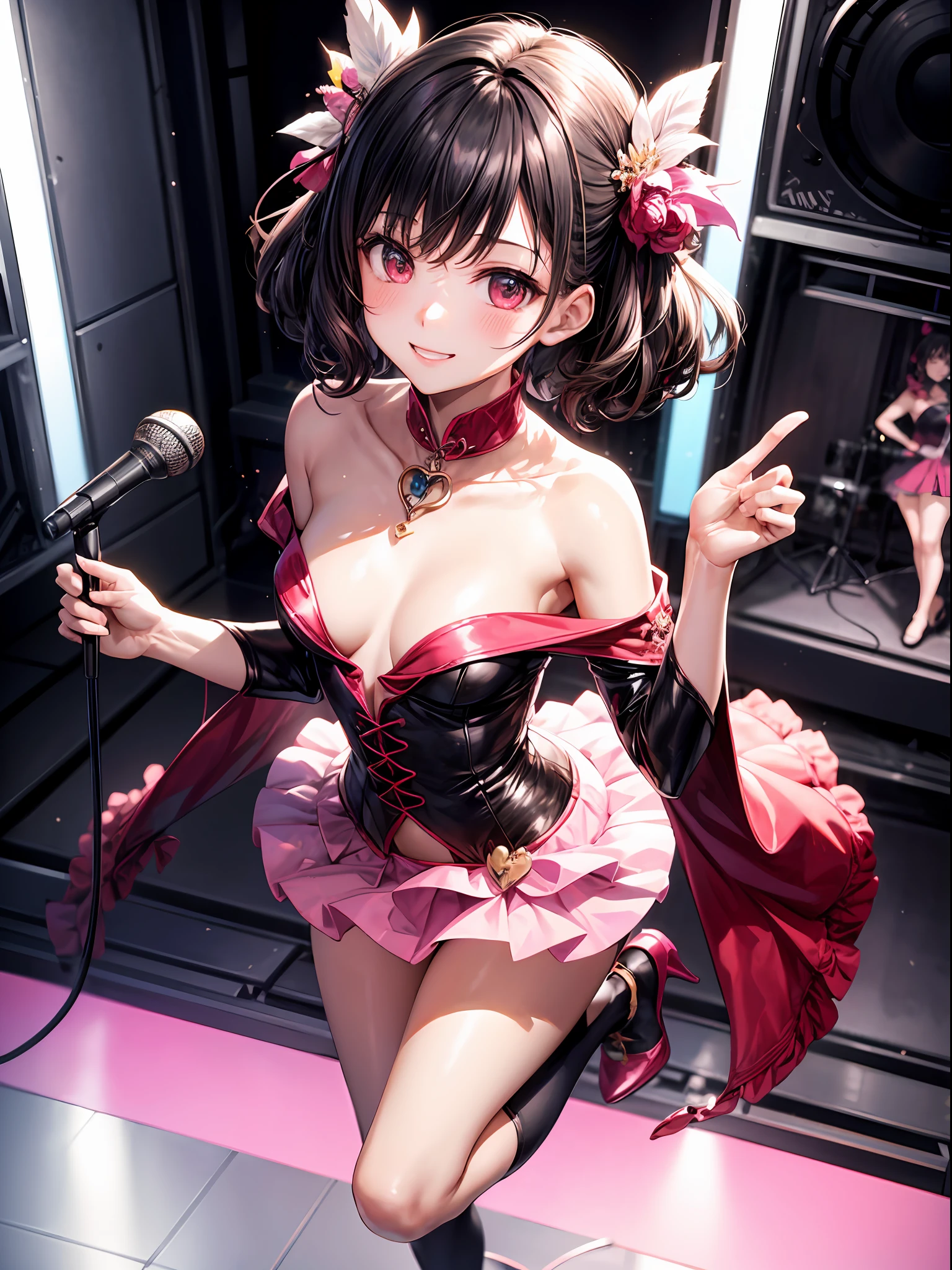 beste-Qualit、One girl、black-haired、Shorthair、Inner curl、Red eyes、Pink blush color under the eyes:1.4、Small face、a smile、Pink idol costume:1.6、巨乳:1.3、Open chest:1.1、Holding a microphone in one hand、Pink mini skirt、beauty legs、heel、gloomy lighting、On stage of the stage、No people、View here、Angle from diagonally above、Background blur