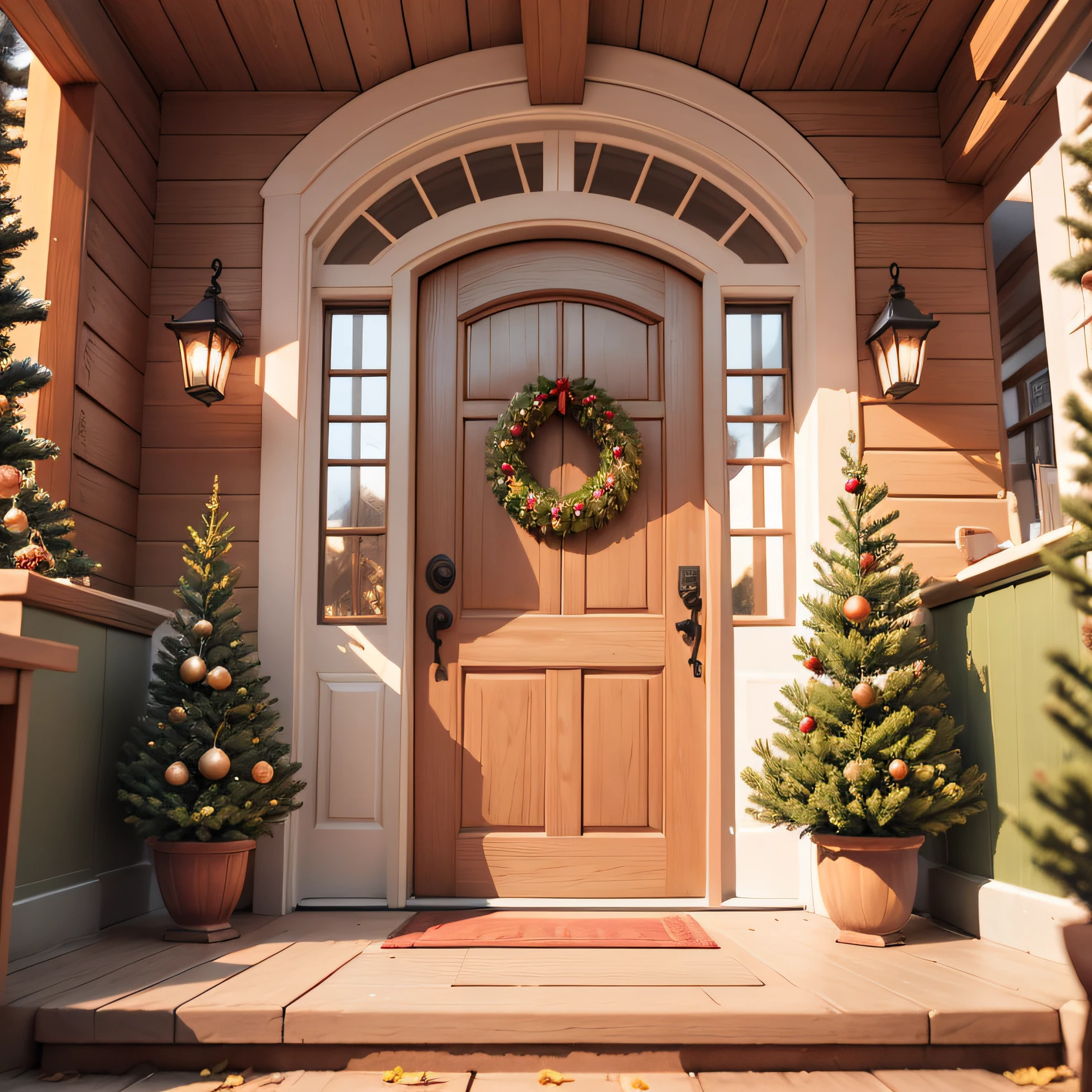 Foreign textured wooden door,There are several beautiful Christmas trees on either side of the door,The door was facing me,Don't have anything on the door,realisticlying --auto