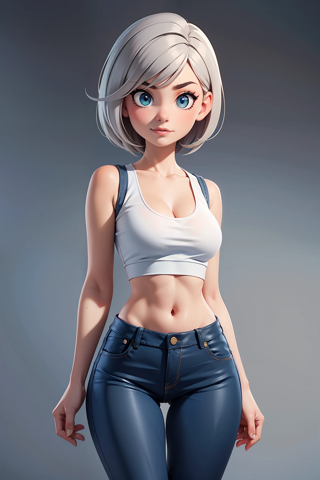 Super sexy Maria dressed （Low-cut and tight （Flared jeans））， （（White crop top top：1.5） Vest with exposed neckline）， Short hair, gray hair， photorealestic， photography of， （A high resolution）， （realisticlying：1.4）， （very intricate）， （exquisitedetails）， highly detaile， A high resolution， Original， Extremely detailed 8K wallpaper， Best Quority， Detailed face， hyper detailled， OriginalPhoto， realisticlying， （thigh gap：1.5）