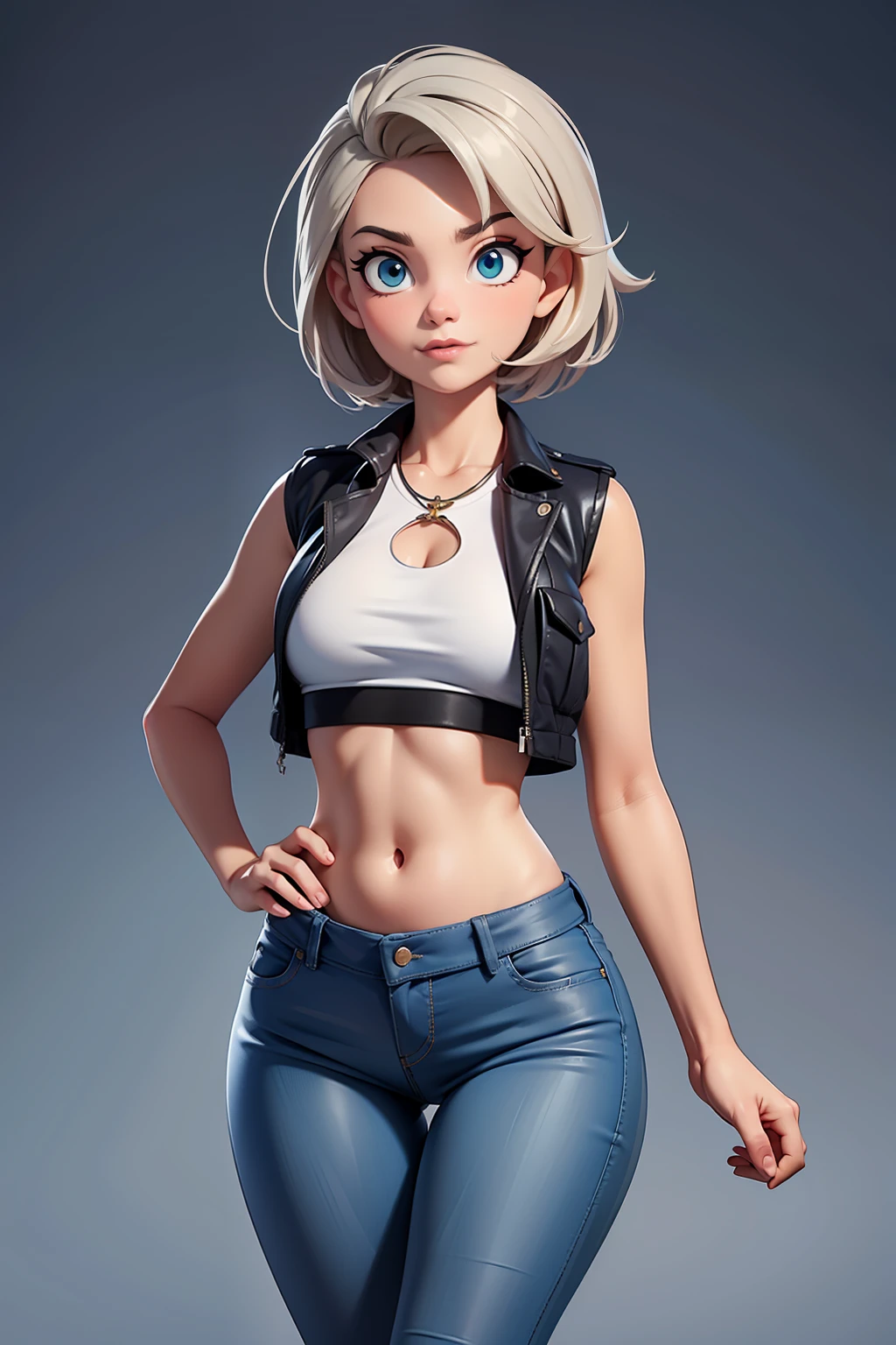 Super sexy Maria dressed (Low-cut and tight (Flared jeans)), ((White crop top top:1.5) Vest with exposed neckline), Short hair, gray hair, photorealestic, photography of, (A high resolution), (realisticlying:1.4), (very intricate), (exquisitedetails), highly detaile, A high resolution, Original, Extremely detailed 8K wallpaper, Best Quority, Detailed face, hyper detailled, OriginalPhoto, realisticlying, (thigh gap:1.5)