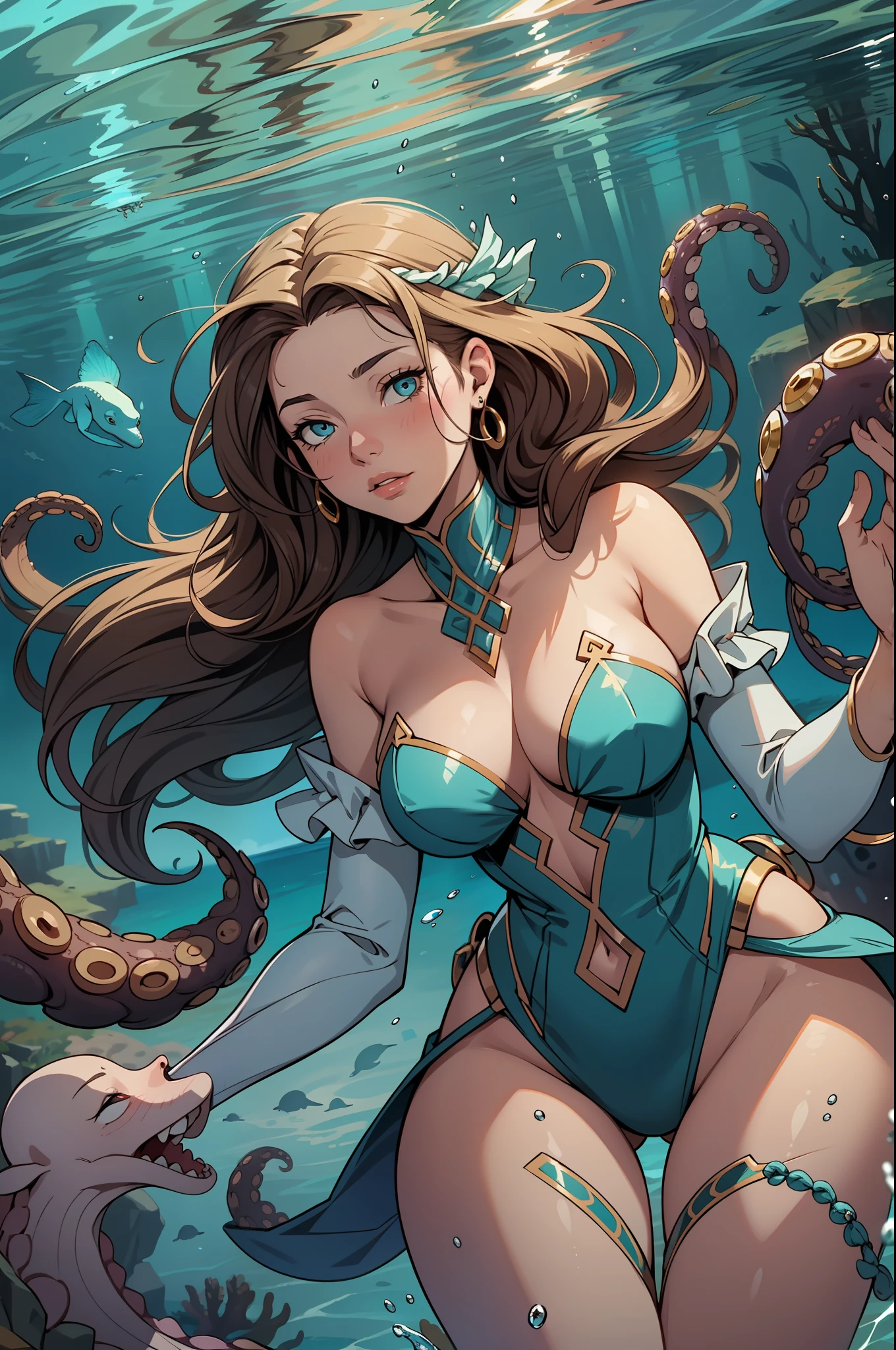 In the crystal-clear waters of the ocean, a mature woman embarked on an extraordinary adventure, accompanied by a friendly octopus. With synchronized grace, they glided through the azure depths, their movements harmonizing as if they shared an unspoken bond. The octopus' tentacles gracefully wrapped around the woman, creating a mesmerizing dance of trust and companionship. As they explored hidden treasures beneath the waves, the woman and her aquatic companion created a magical connection, reminding all who witnessed their bond that the truest friendships can be found in the most unexpected places, dynamic lighting