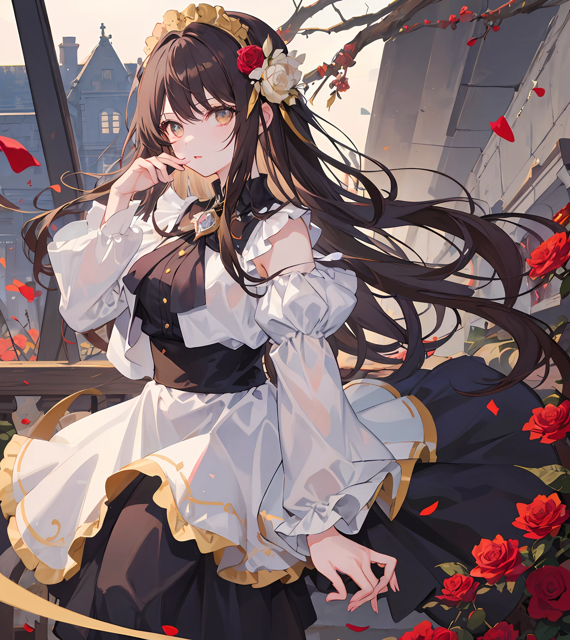 Masterpiece quality，The best quality assurance。A brown hair、Cute girl with golden eyes。She looks very arrogant，Wearing a short Gothic skirt，Exudes magic，With a rose headdress，English-style top，Long hair flutters in the wind