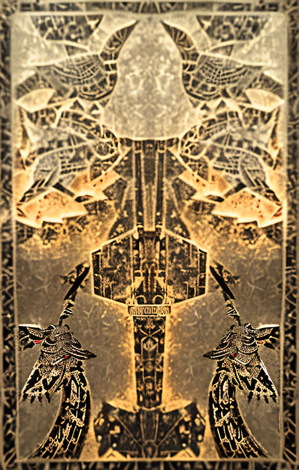 a close up of a picture of a bird and a bird on a wall, intricate etched armor, tribal ancient imagery, guards intricate, fractal tarot card style, golden etched armor, inspired by William Mossman, symmetrical epic fantasy art, runic etching, gold gates of heaven!!!!!!!!, abstract occult epic composition, complex tarot card background, the entrance of valhalla