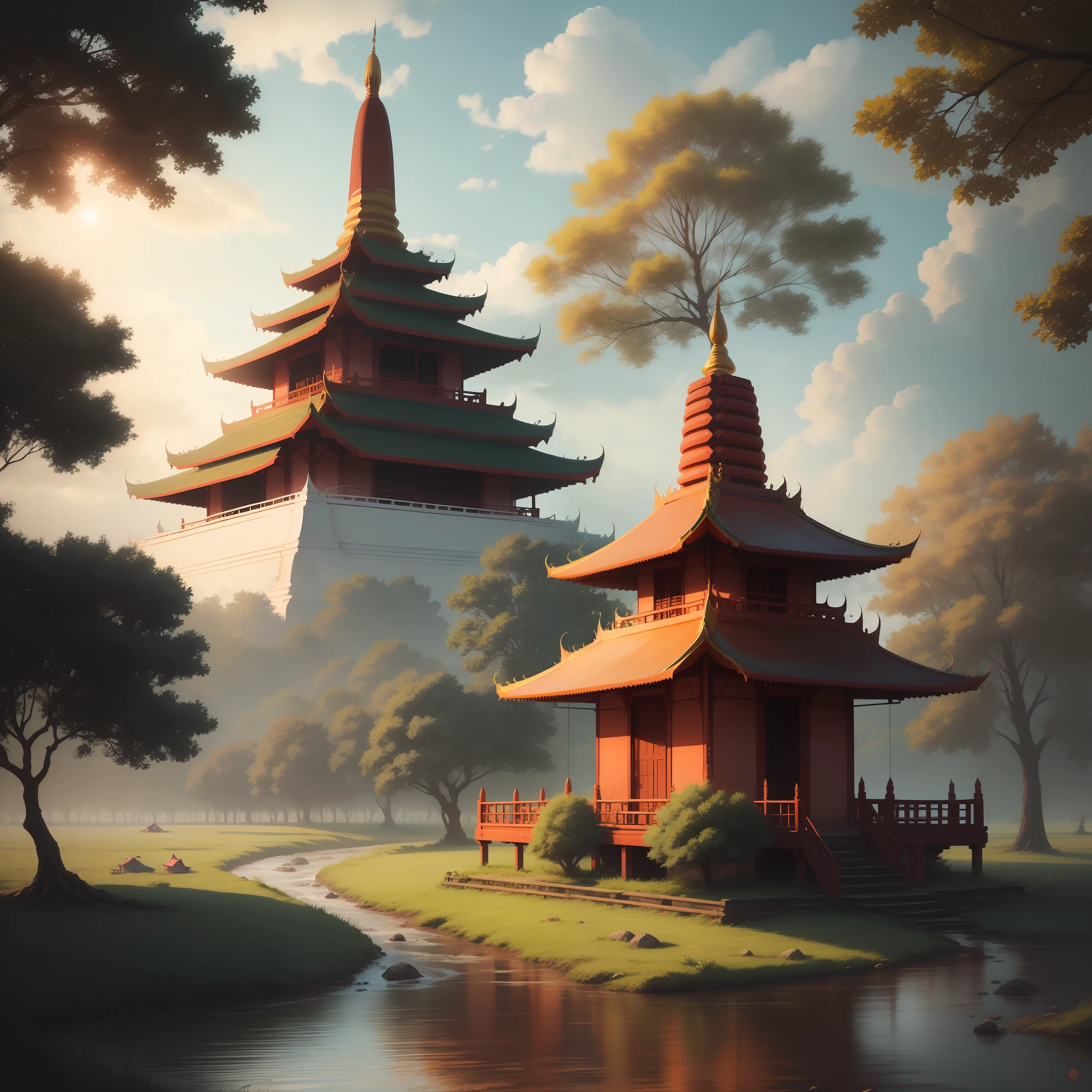 Burma pagoda is in a field with a river and trees, sunny morning, cloudy, digital art, 8k, stabled diffusion, digital art style. Stable diffusion brush.