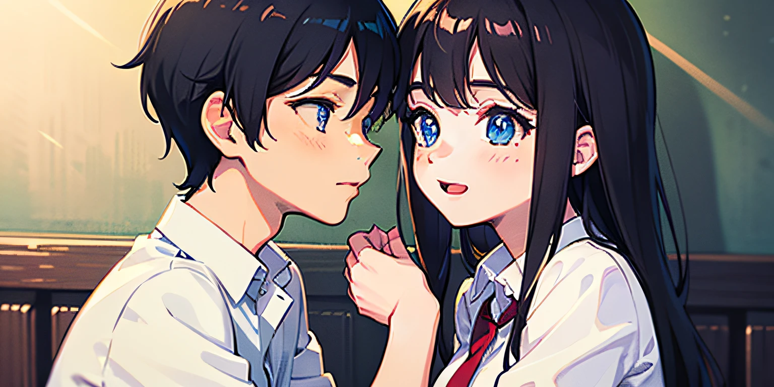 (Masterpiece, Best Quality: 1.2), (Ultra Detailed), (Illustration), Avatar, Original, 1 Girl, 1 Boy, Couple, Cute Girl, Long Hair, Blush, Blue Eyes, Eye Contact, Short Hair, Heterosexual, Boy, Shirt, Collared Shirt, Happy,