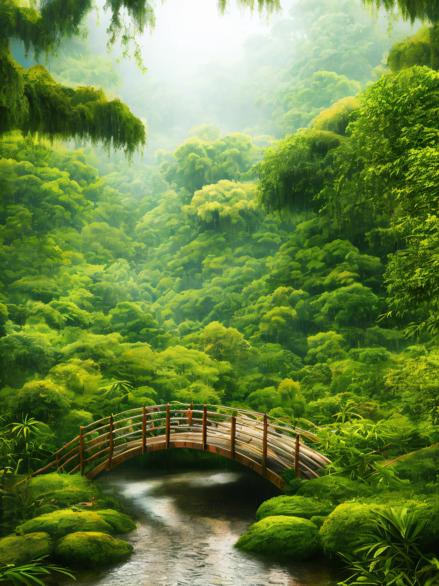 A country full of dreamy mist, a bridge and an antique garden, the bamboo forest on the side, the wet wooden bridge after the rain, looks extra relaxing, deep field, masterpiece, best quality, 3d, Realistic, High Quality Textures
